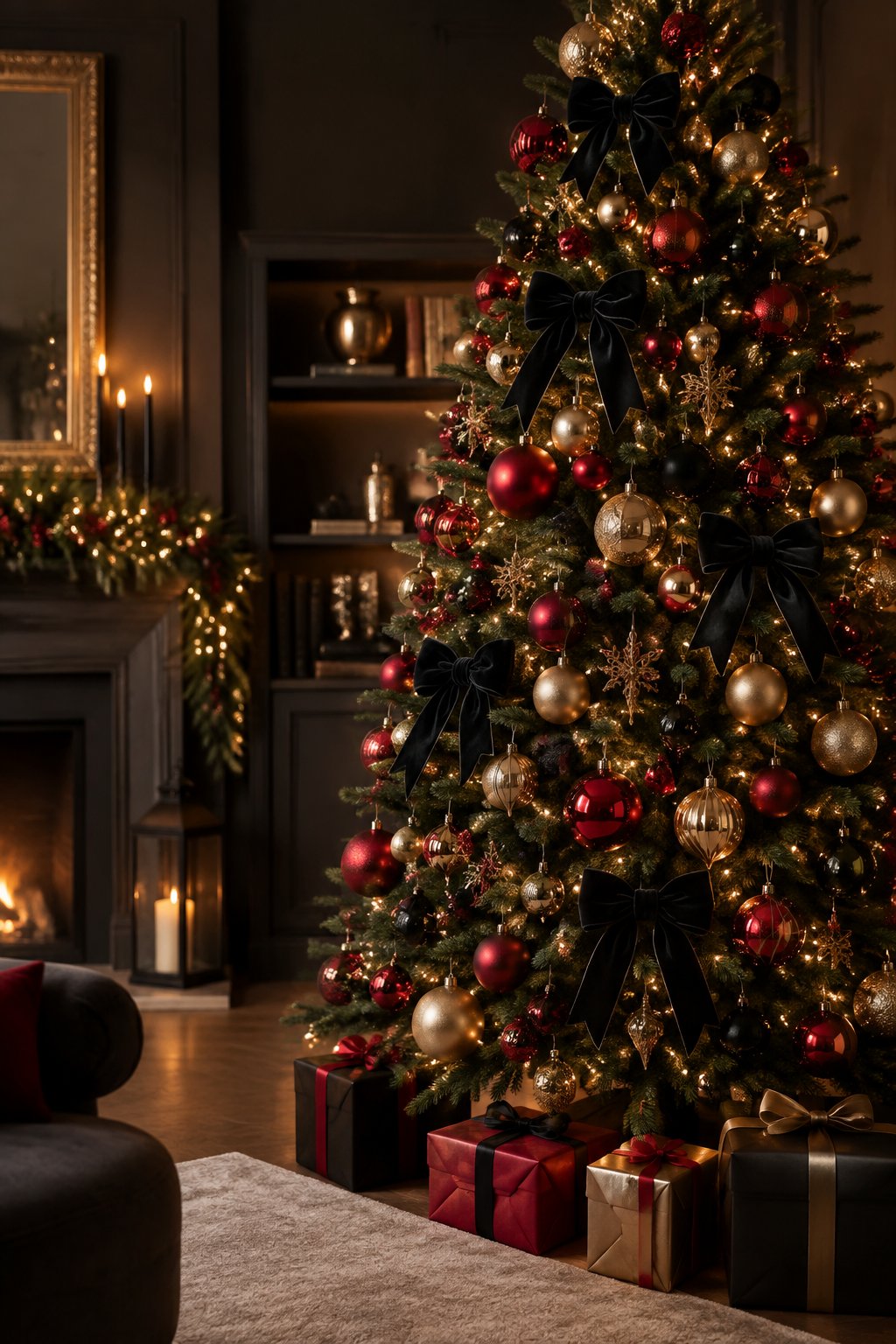 A decorated Christmas tree with red and gold ornaments and black velvet bows.