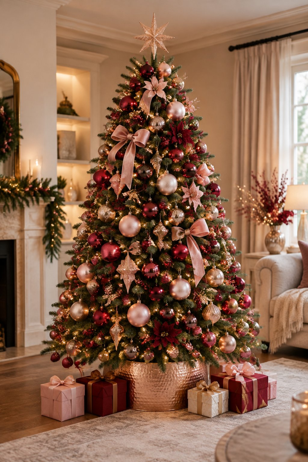 A decorated Christmas tree with blush, red, and rose gold ornaments in an elegant living room.