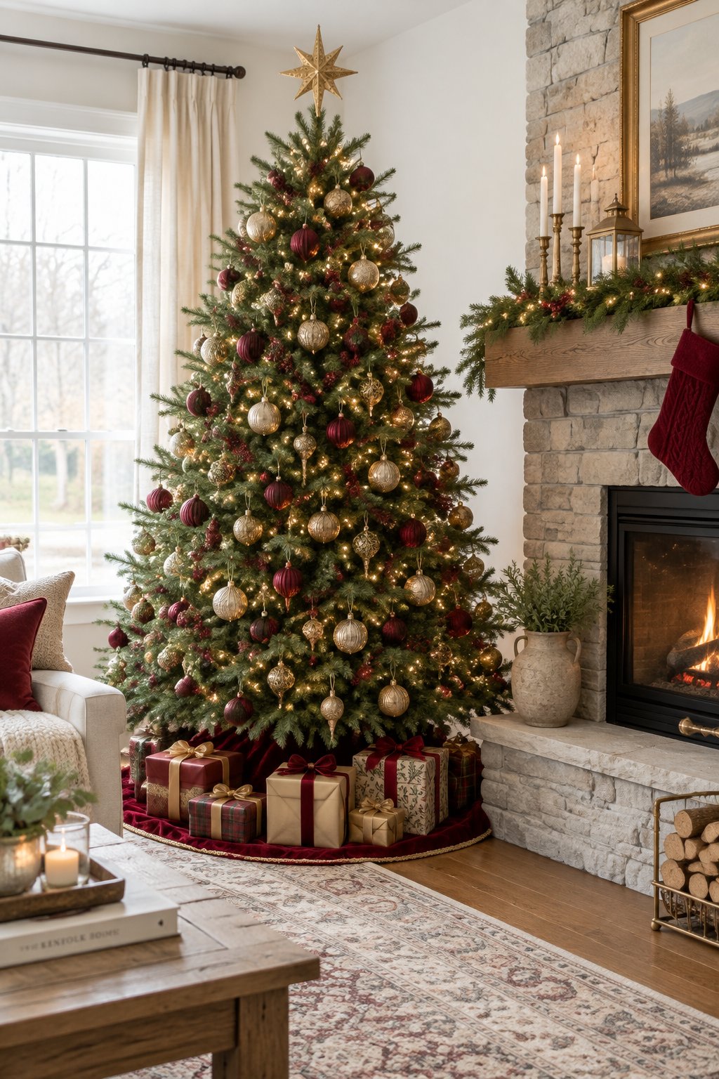 A green Christmas tree beside a stone fireplace with burgundy and antique gold ornaments, a gold star topper, a deep red tree skirt and wrapped gifts.