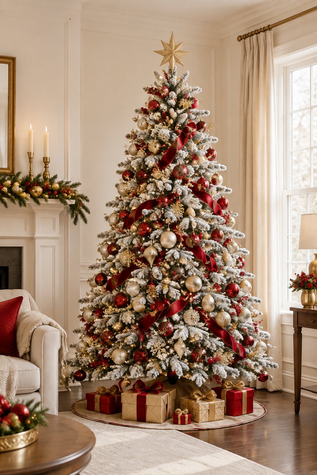 A flocked white Christmas tree decorated with red and gold ornaments and warm lights in an elegant living room.