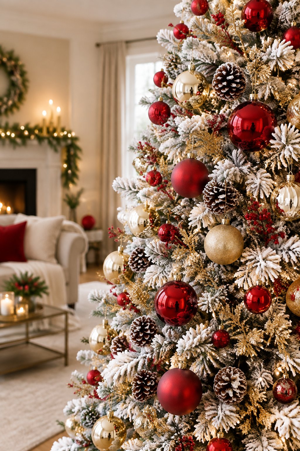 A flocked white Christmas tree decorated with red and gold ornaments, warm lights, and frosted pine cones.