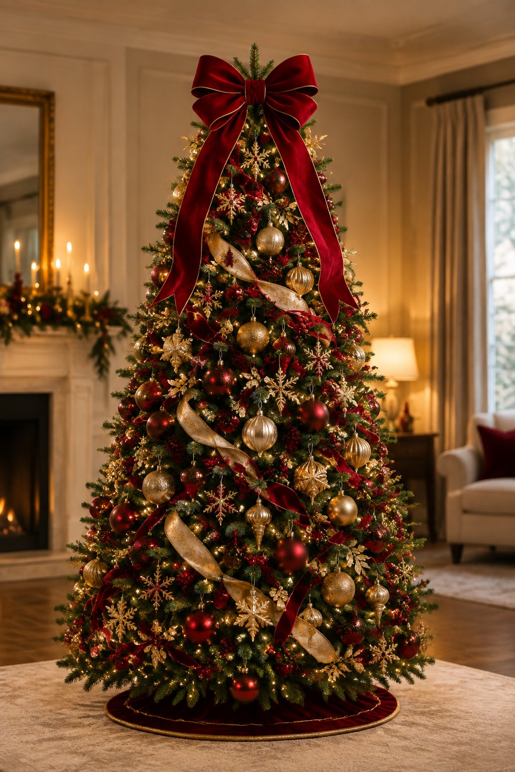 A decorated red and gold Christmas tree topped with a large red bow.