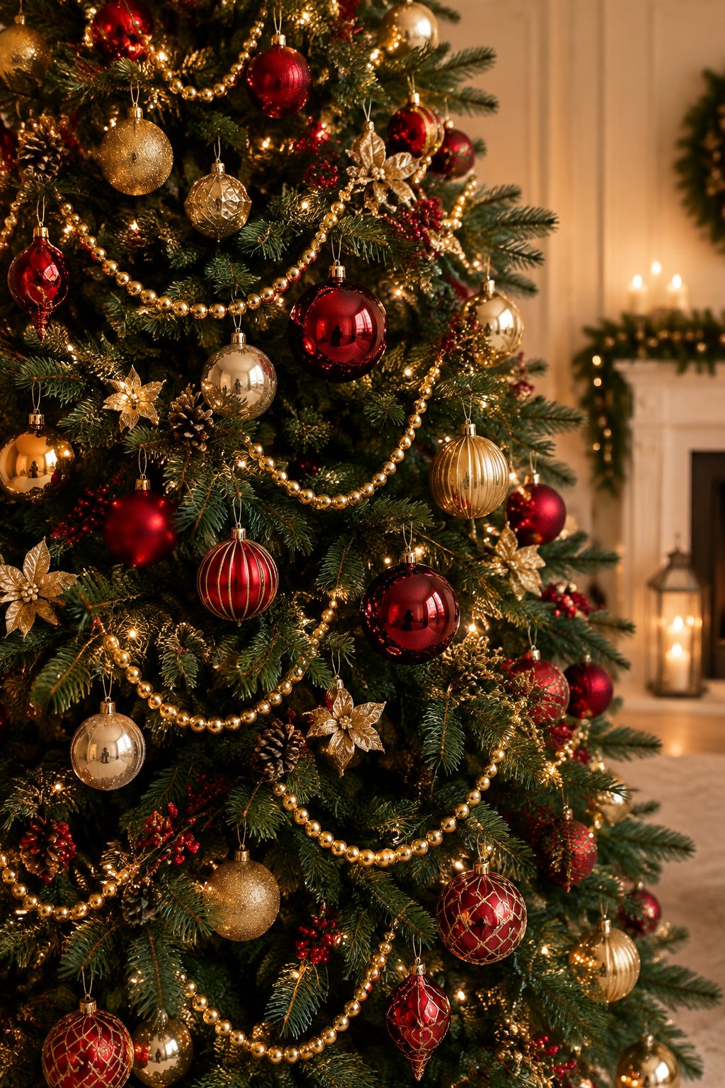 A Christmas tree decorated with deep loops of gold bead garland, red ornaments, and warm lights.