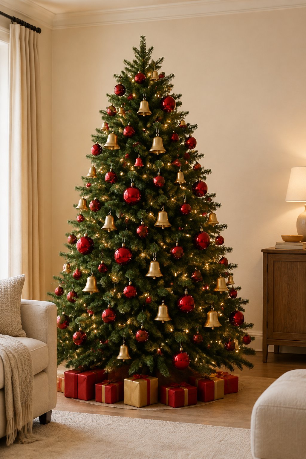 A Christmas tree decorated with red ornaments, warm lights, and gold bells in a cozy living room.