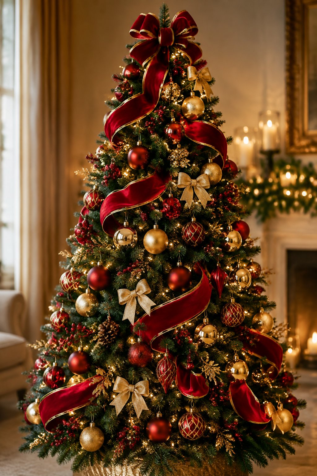 A Christmas tree decorated with red and gold ribbons, bows, ornaments, and warm lights.