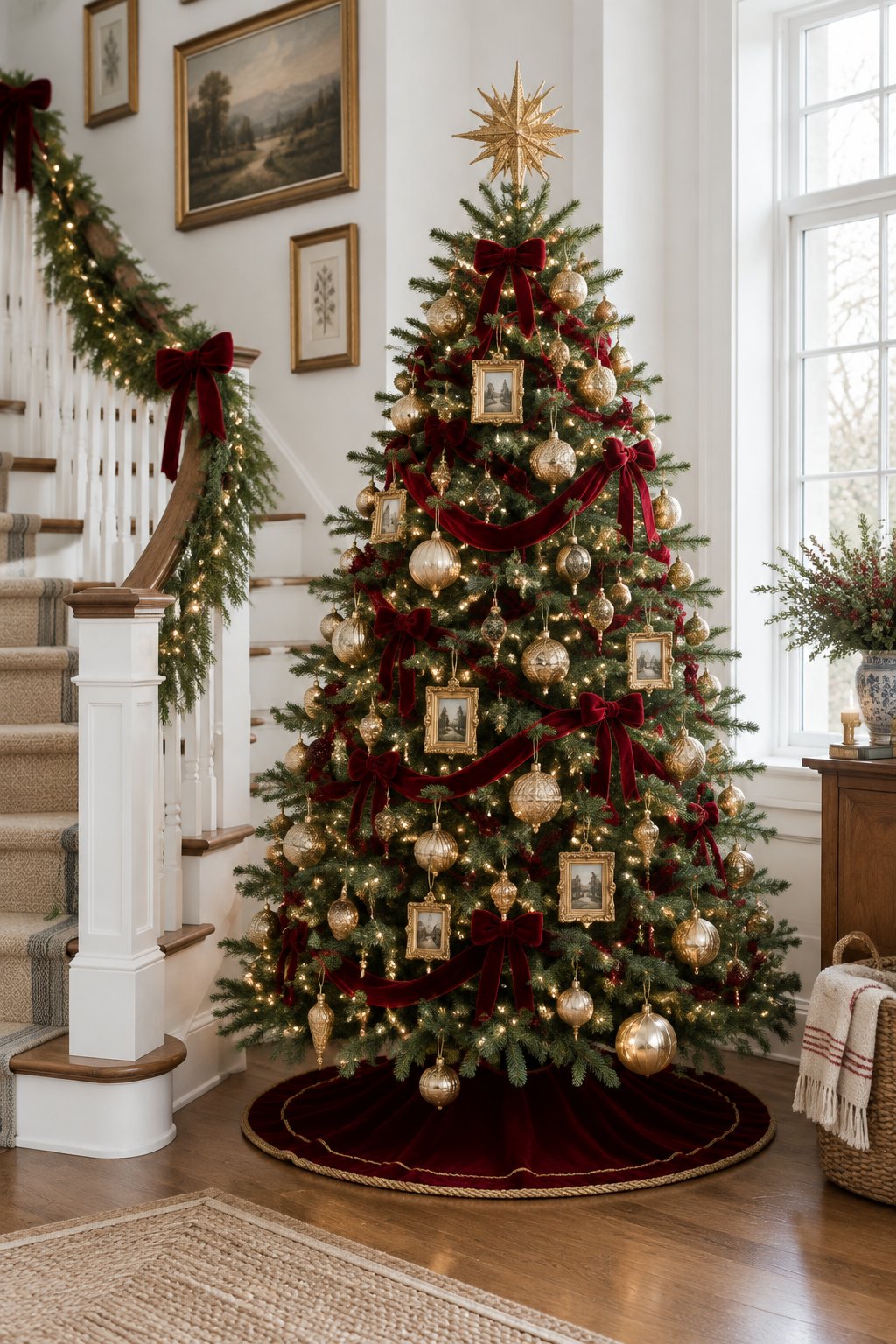 A Christmas tree beside a staircase with small gold picture frame ornaments, red velvet bows, gold balls and a red velvet tree skirt.
