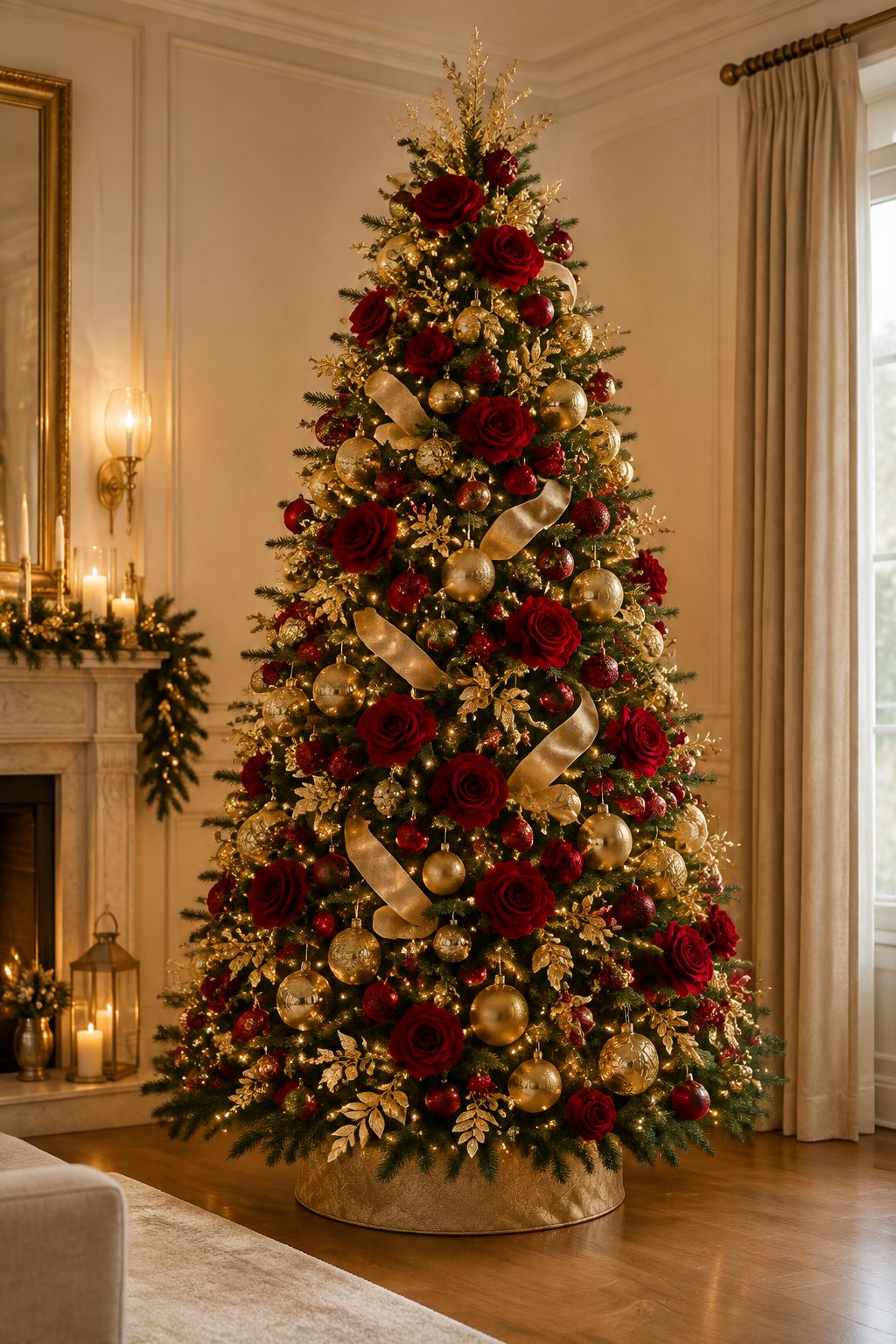 An elegant Christmas tree decorated with red roses, gold leaf sprays, and red and gold ornaments.