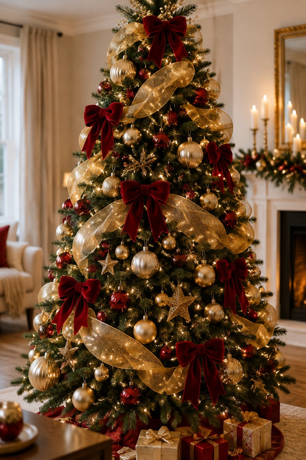 A decorated Christmas tree with cascading gold ribbon, red bows, and red and gold ornaments.