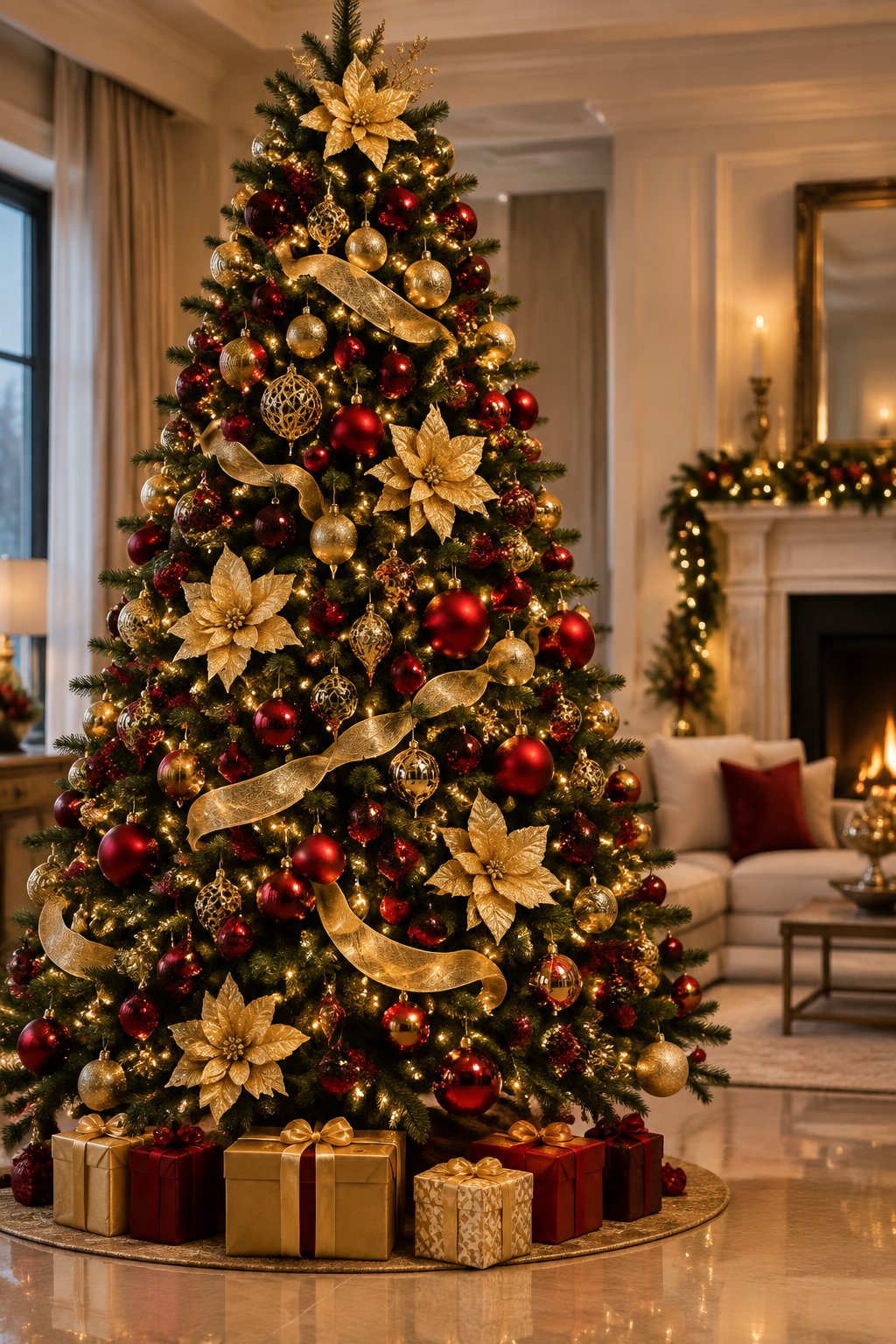 An elegant Christmas tree decorated with red ornaments, gold decorations, and gold poinsettia flowers.