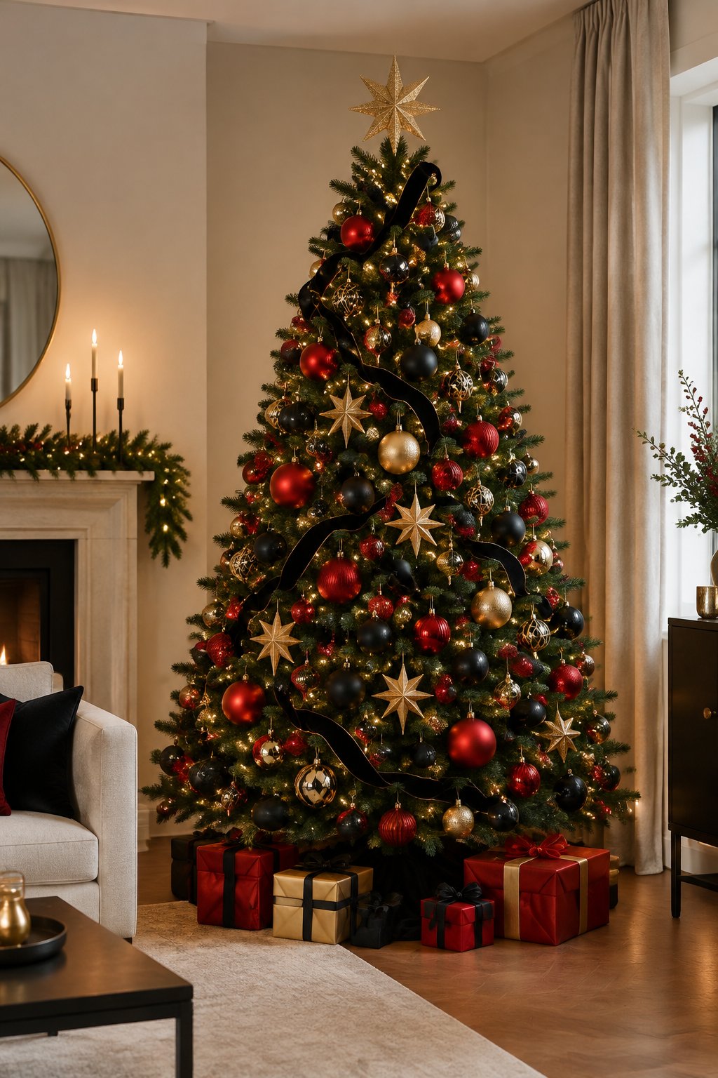 A decorated Christmas tree with red and black ornaments, gold stars, and black ribbon in a warmly lit living room.