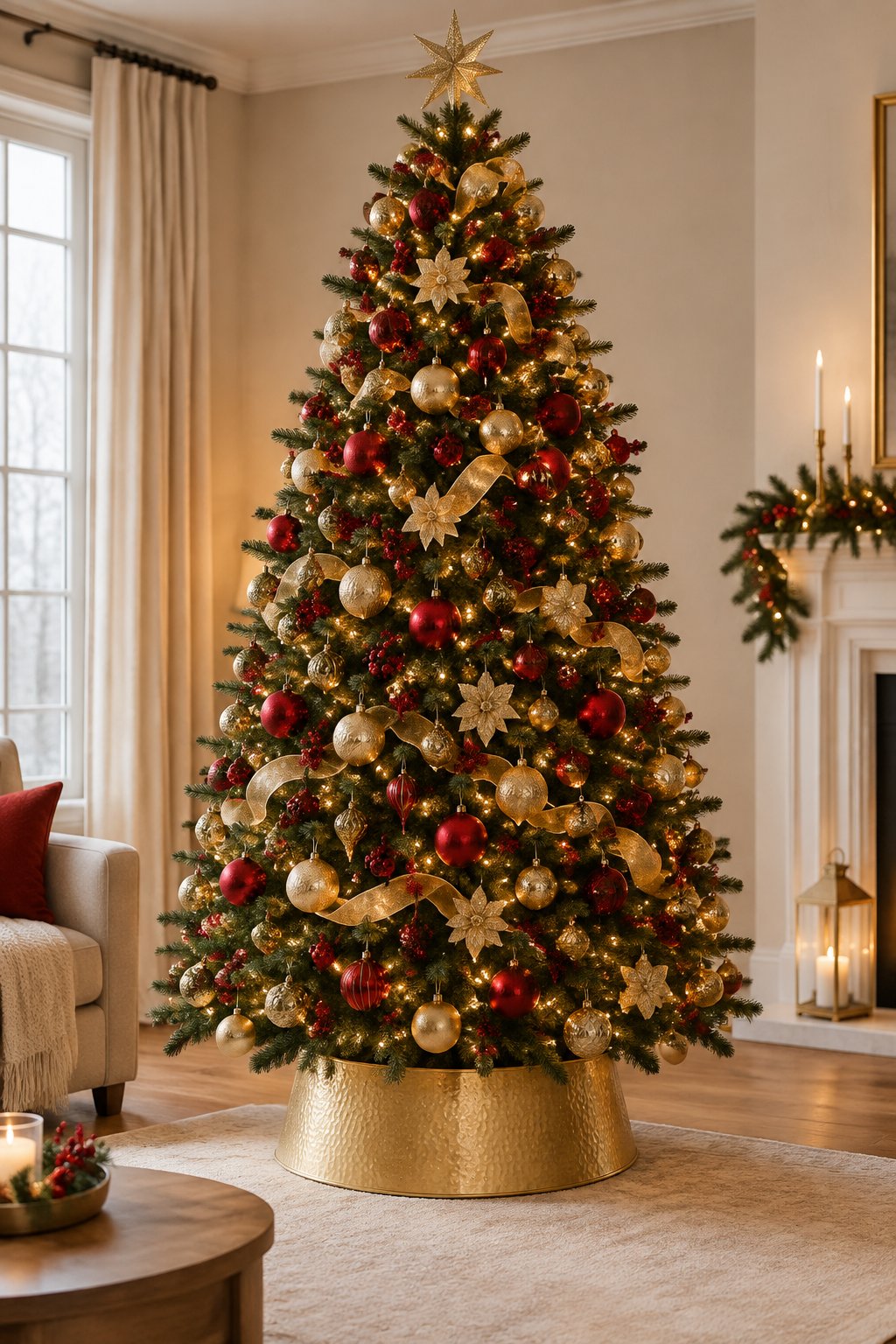 A decorated Christmas tree with red and gold ornaments and a gold collar at its base.