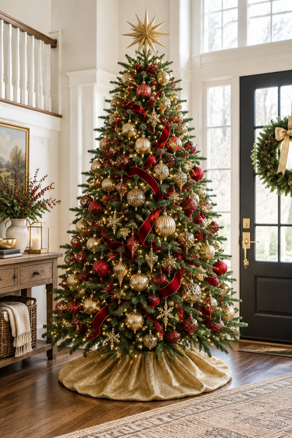 A tall Christmas tree in a bright entryway with red and gold ornaments, red velvet ribbon, a gold starburst topper and a full gold tree skirt.