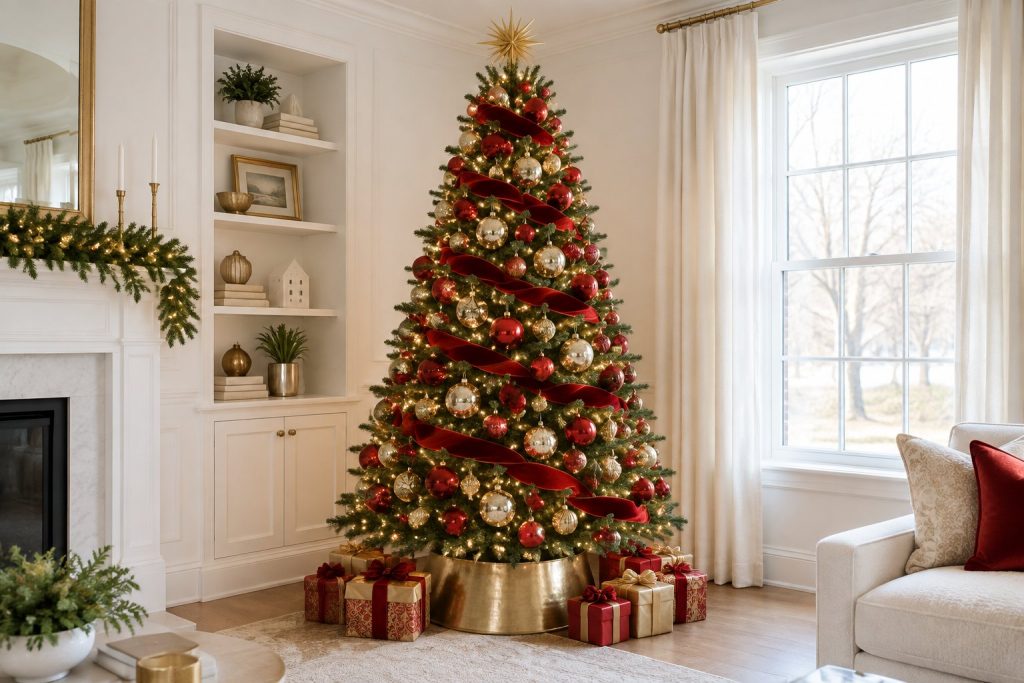 A tall green Christmas tree decorated with red and gold ornaments, a wide red ribbon and a gold tree collar, beside a white fireplace in a bright living room.