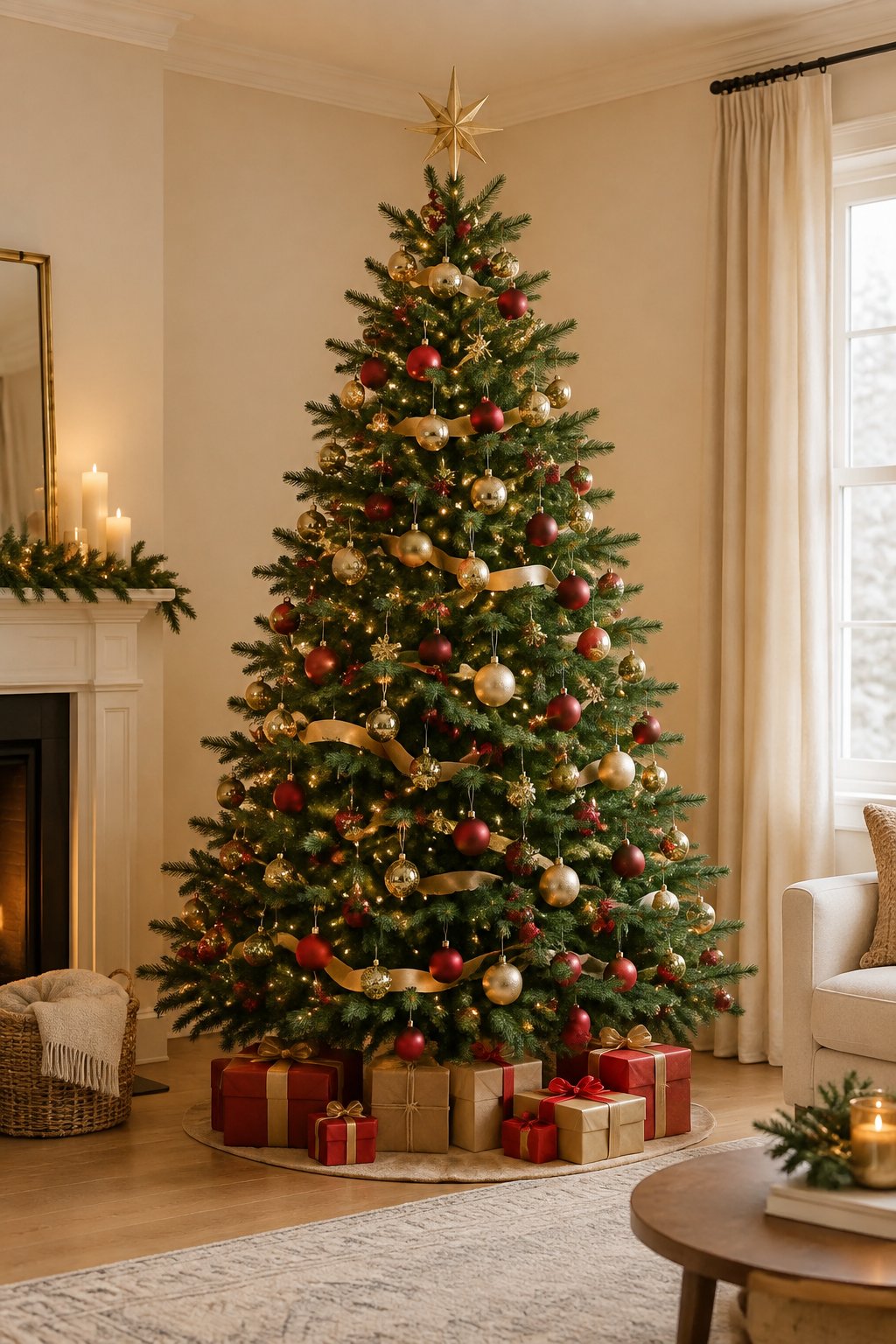 A Christmas tree decorated with matte red and shiny gold ornaments in a warmly lit living room.