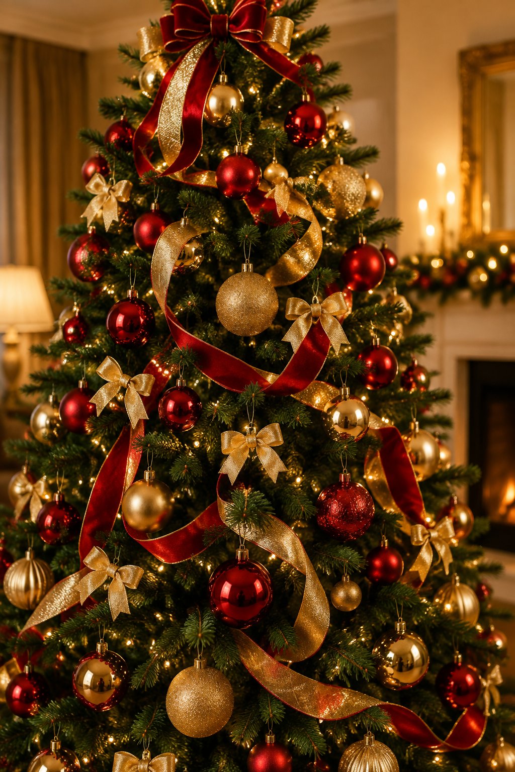 A Christmas tree decorated with red ornaments, gold bows, gold ornaments, and red and gold ribbons.