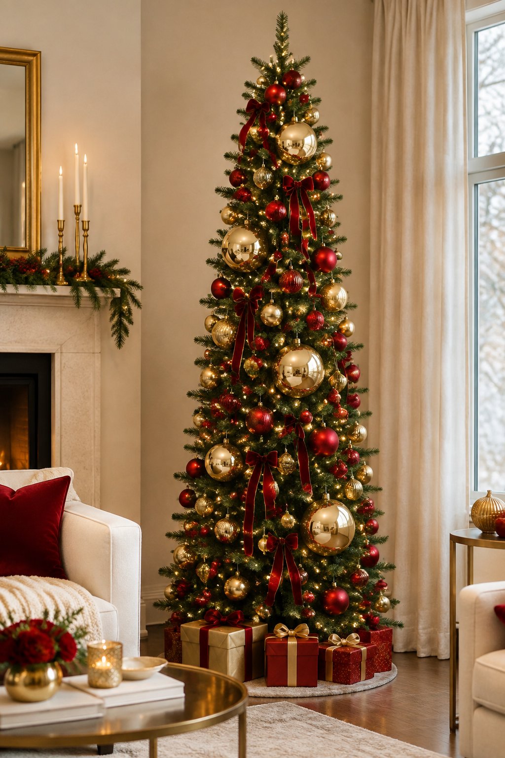 A slim Christmas tree decorated with oversized gold ornaments, red baubles, and warm white lights.