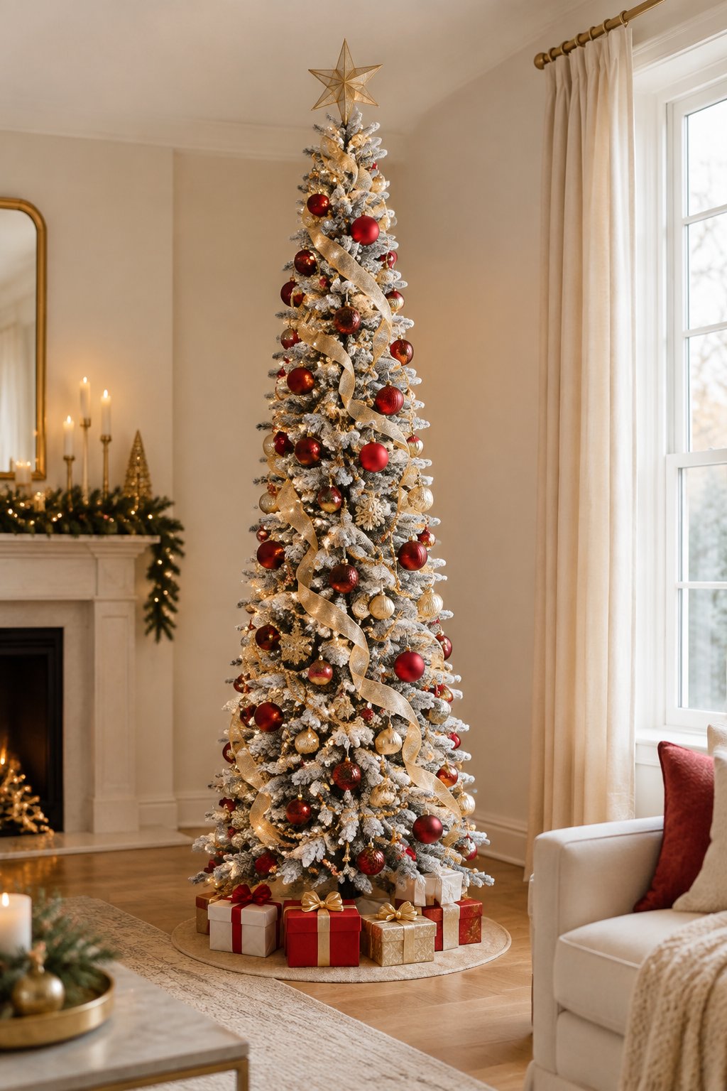 A snow-dusted white Christmas tree decorated with red ornaments, gold ribbon, and warm lights.