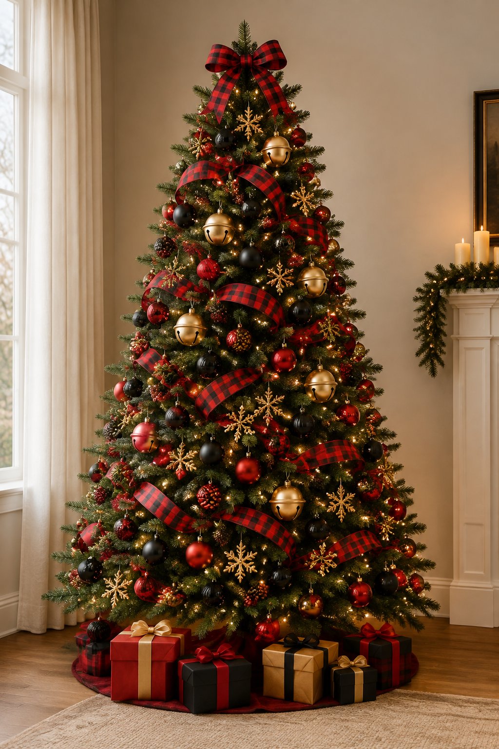 A decorated Christmas tree with red and black checkered ribbon, gold bells, and red, black, and gold ornaments.