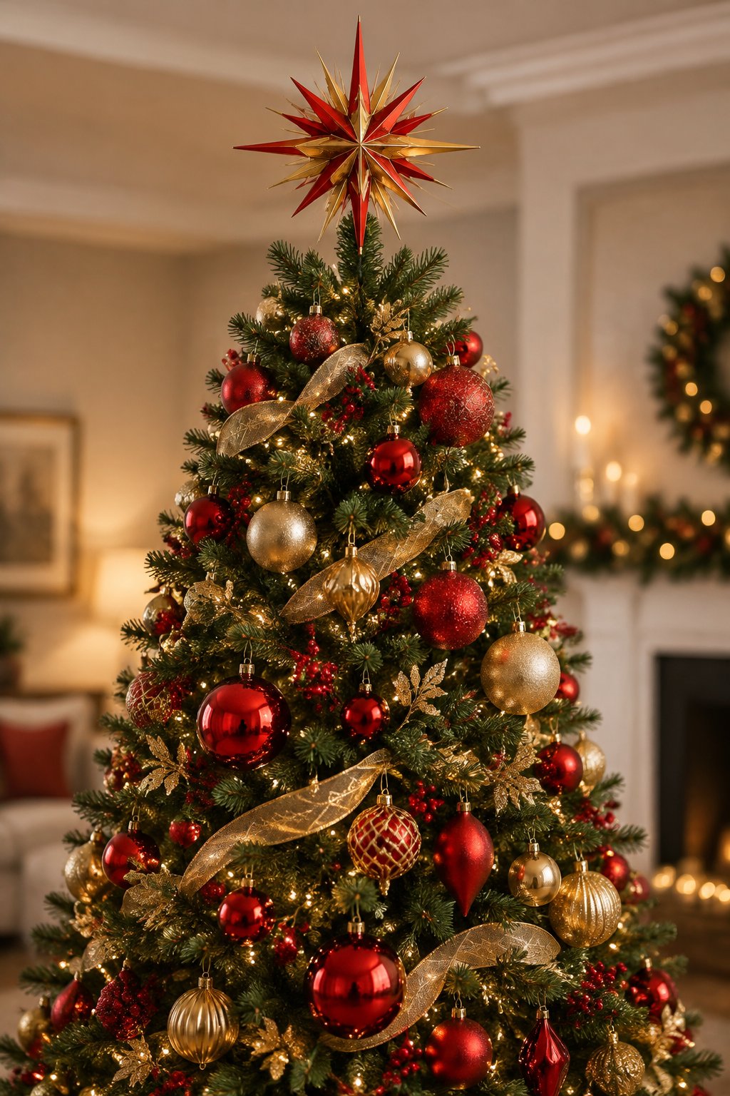 A decorated Christmas tree with red and gold ornaments and a starburst topper.