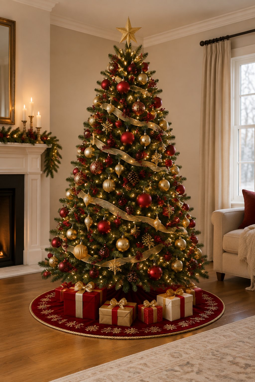 A decorated red and gold Christmas tree stands over a matching tree skirt with wrapped presents around its base.