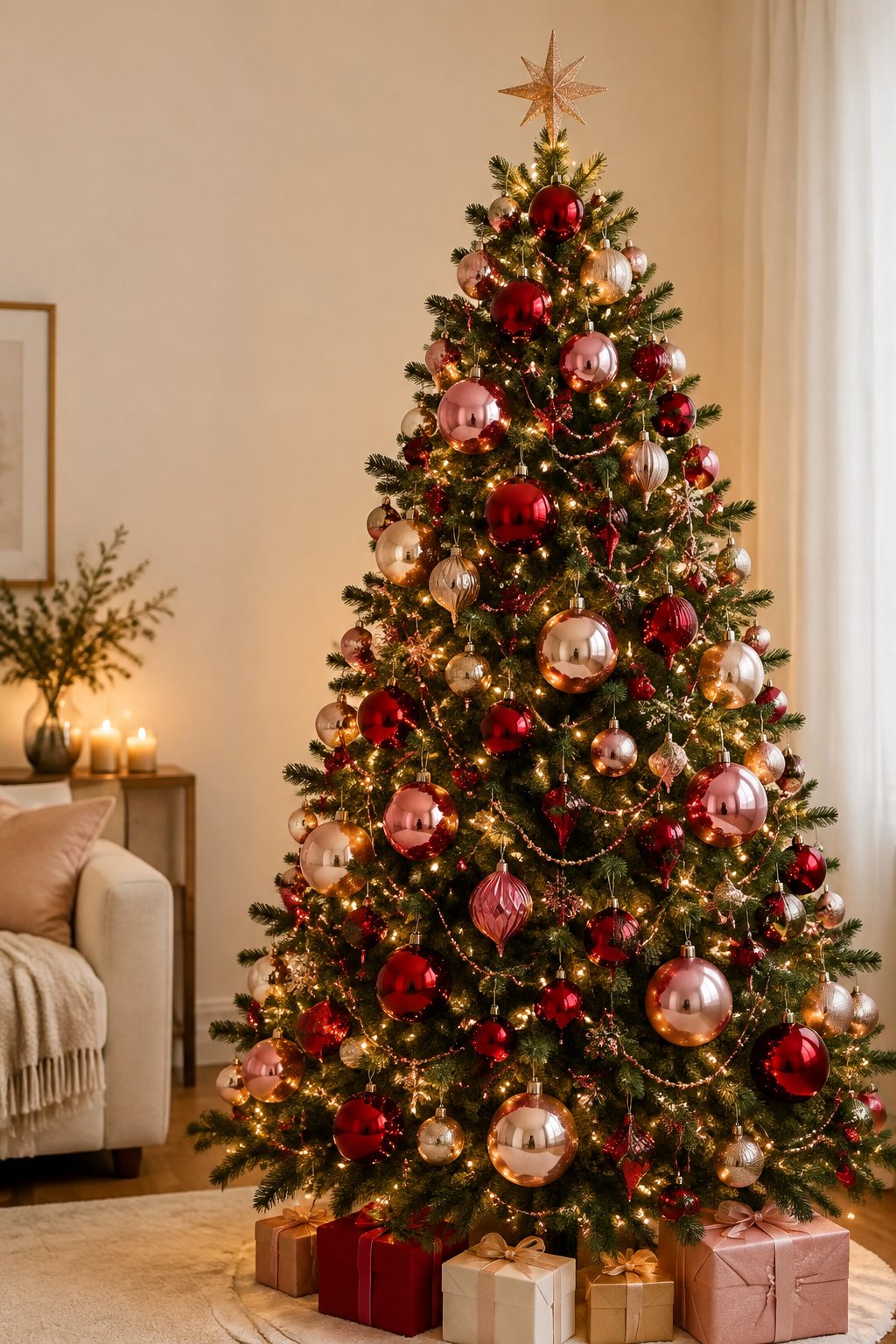A decorated Christmas tree with red and rose gold glass ornaments and warm lights in an elegant room.