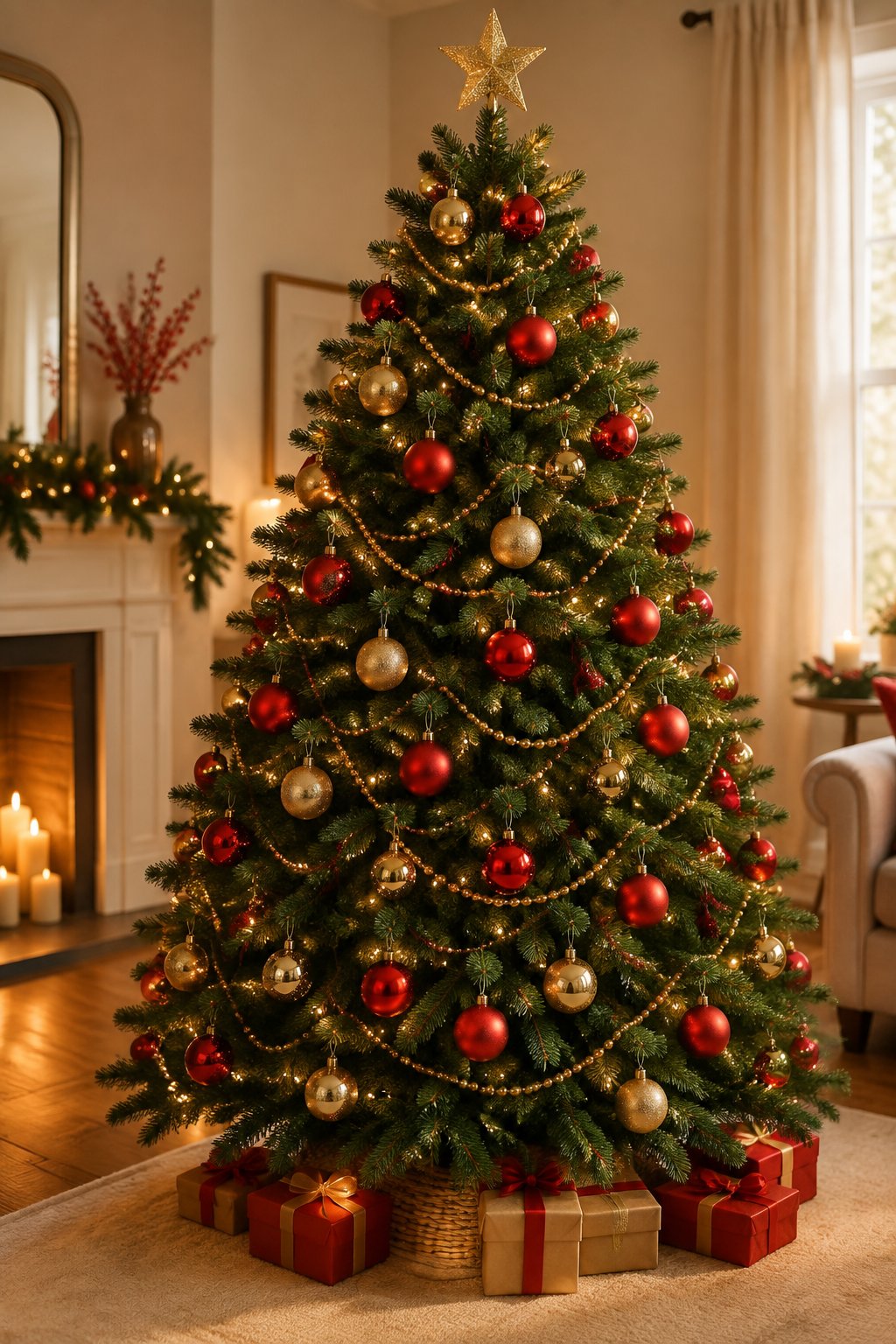 A Christmas tree decorated with red ornaments and a gold bead garland.