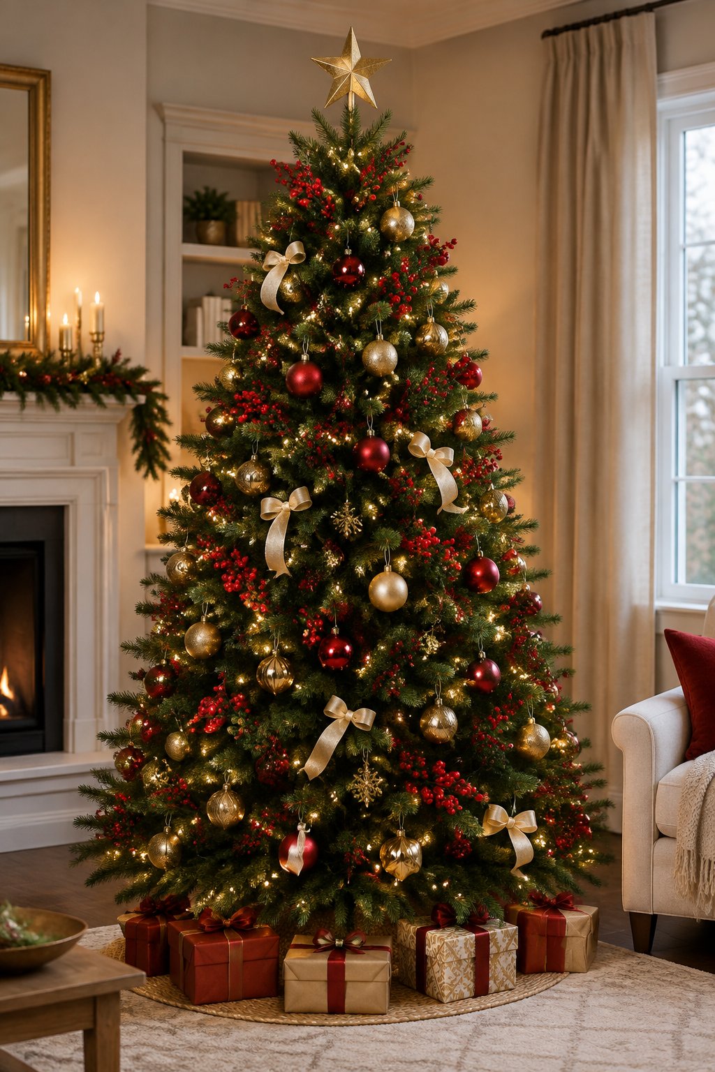 A decorated Christmas tree with red berry picks, red ornaments, warm lights, and a gold star topper.