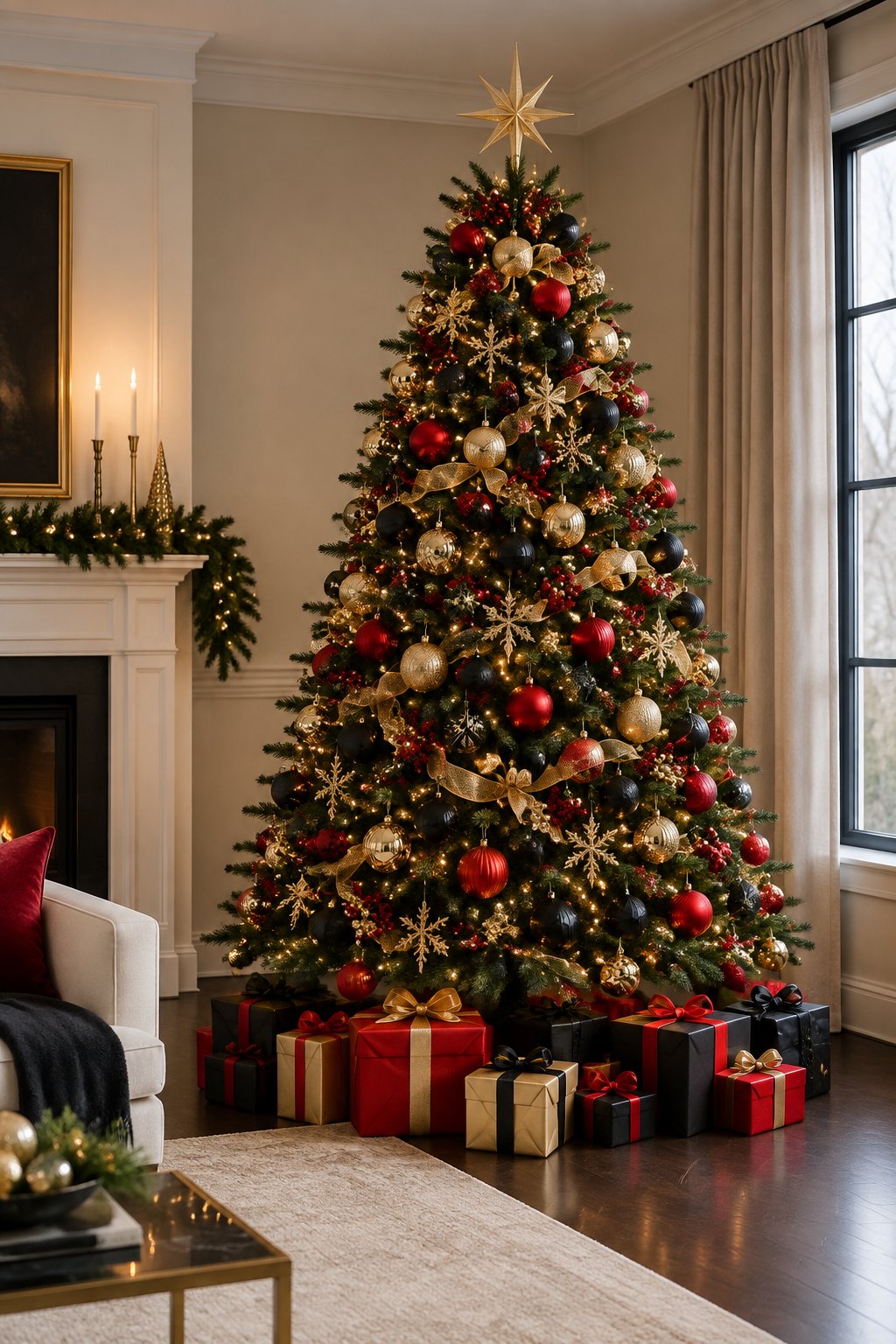 A decorated Christmas tree with red, black, and gold ornaments beside wrapped presents.