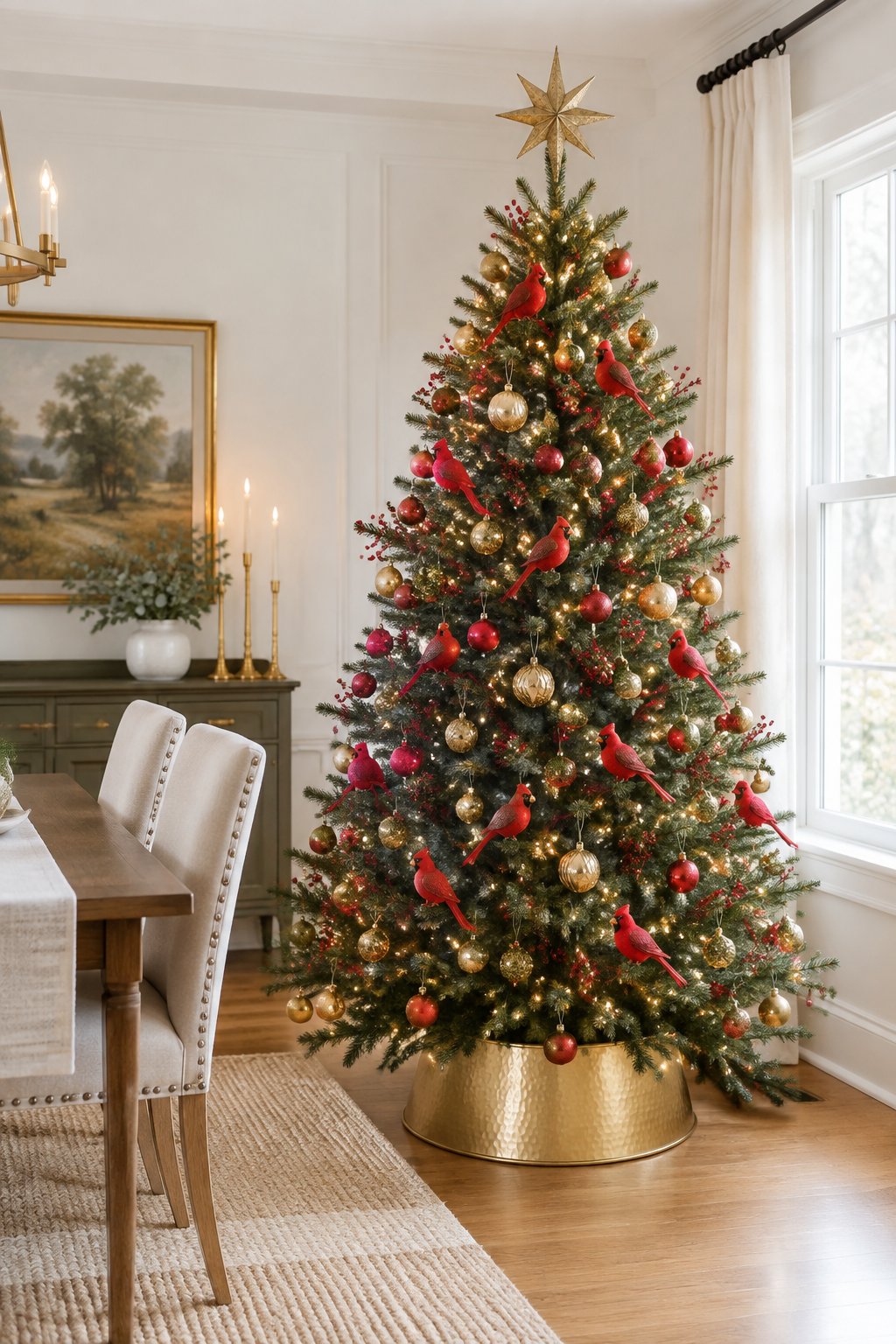 A green Christmas tree beside a dining room with red cardinal bird ornaments, red baubles, gold balls, warm lights and a gold tree collar.