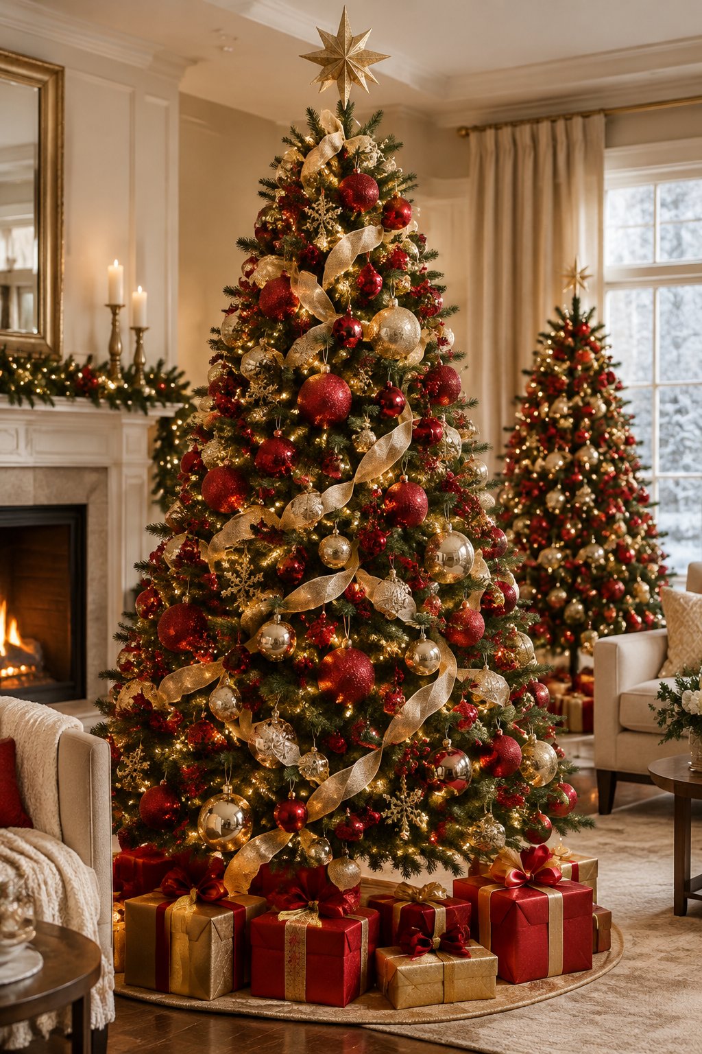 Elegant Christmas trees decorated with red glitter ornaments, gold mercury glass ornaments, and warm lights.