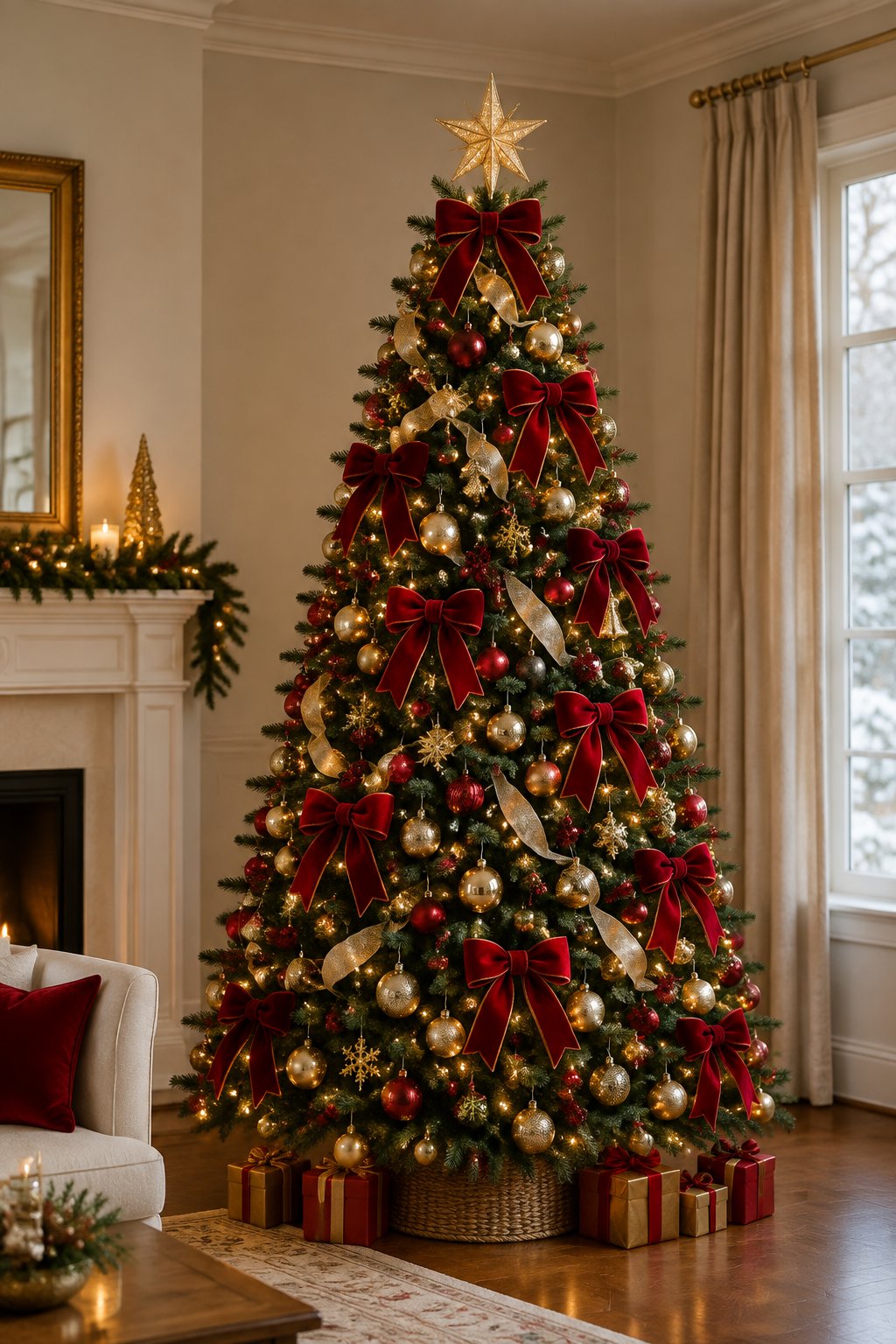 A decorated Christmas tree covered with red velvet bows, gold ribbon, ornaments, and warm white lights.