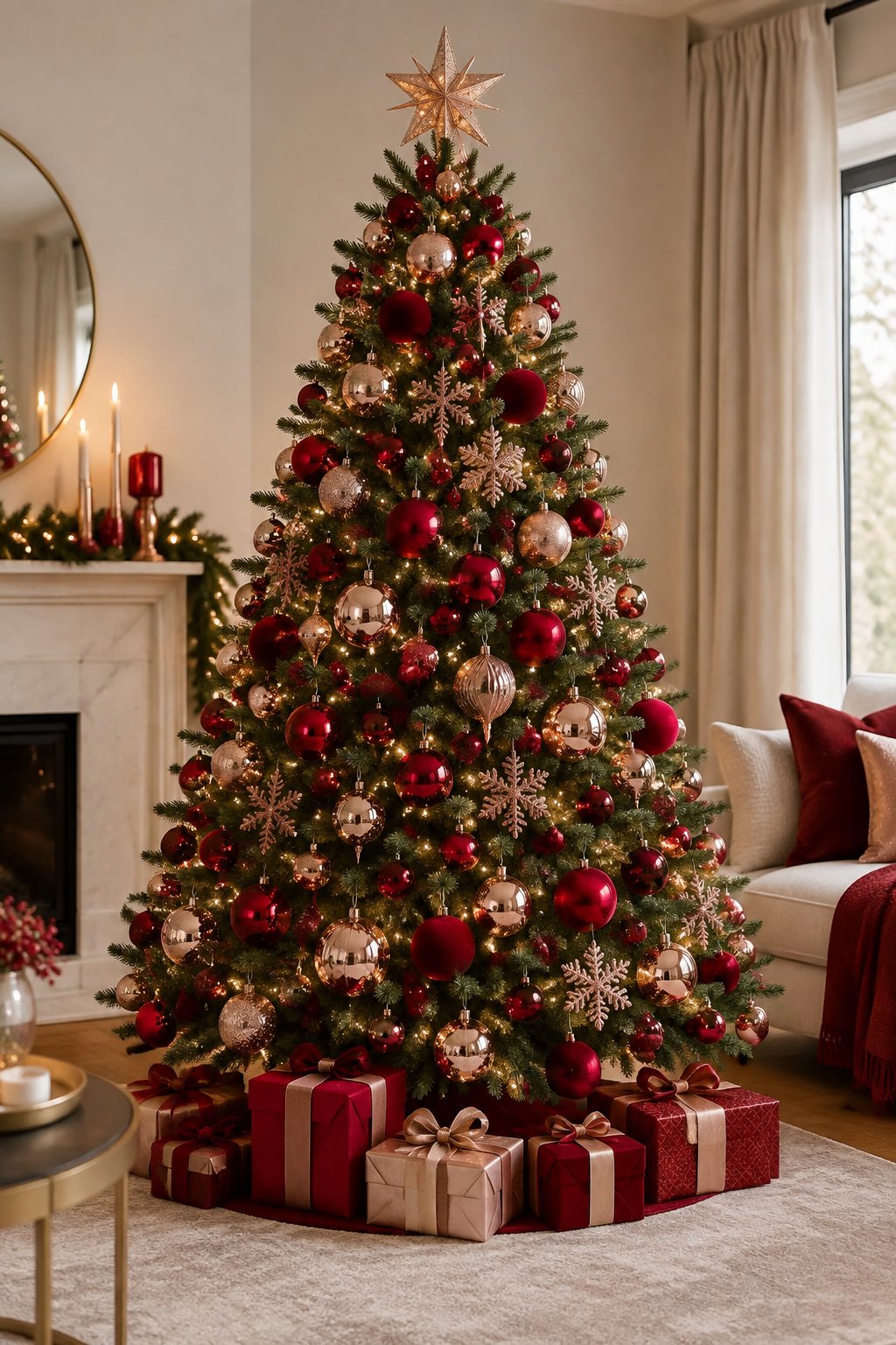 A decorated Christmas tree with red ornaments, rose gold snowflakes, warm lights, and wrapped gifts in a living room.