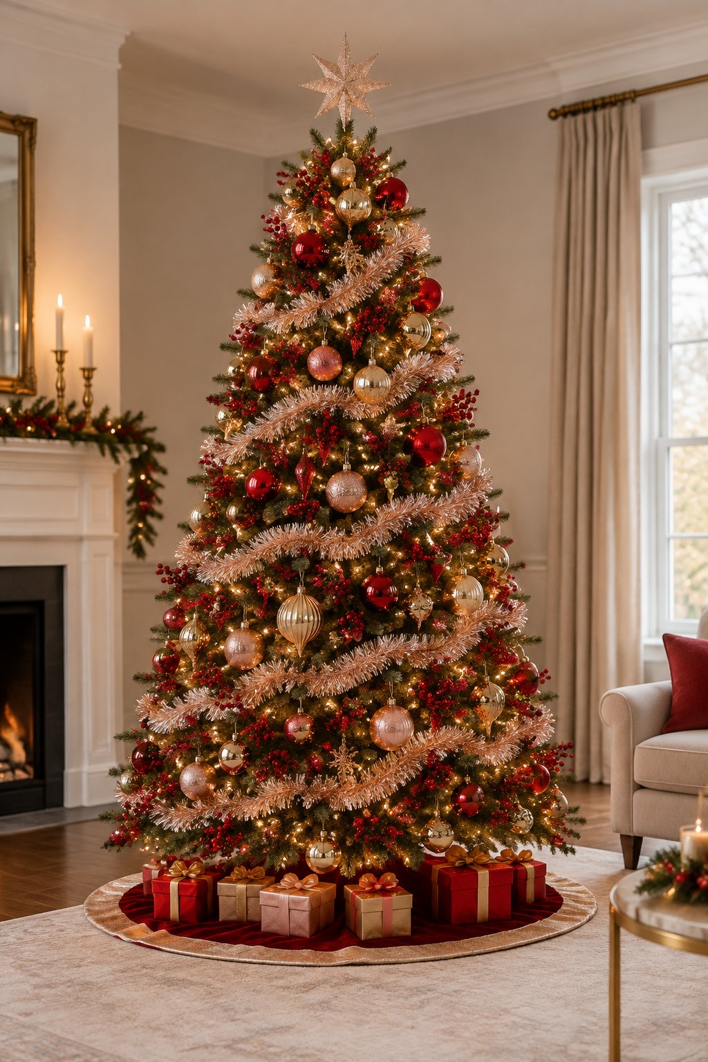 A decorated Christmas tree with rose gold tinsel, red berries, and red and gold ornaments in a warm living room.