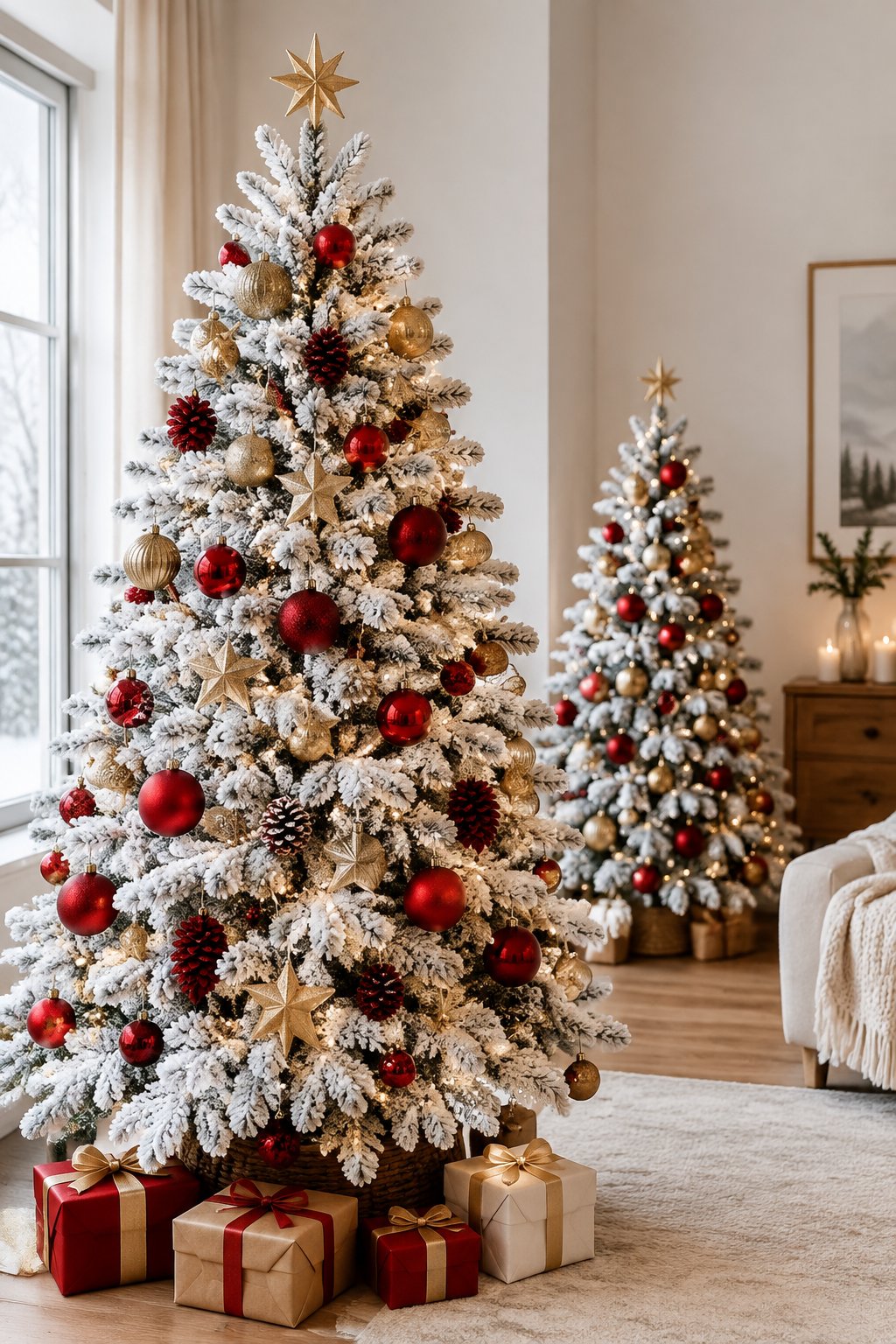 A flocked white Christmas tree decorated with red pinecones, red ornaments, gold stars, and warm lights beside a smaller matching tree.