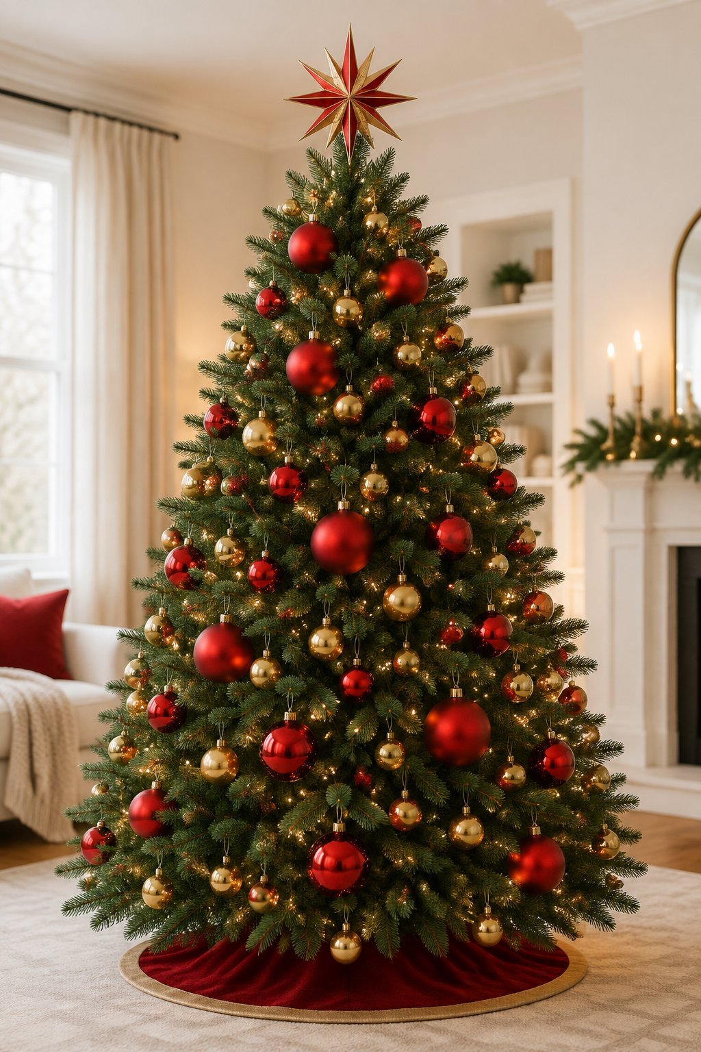 A Christmas tree decorated with large red ornaments and small gold ornaments.