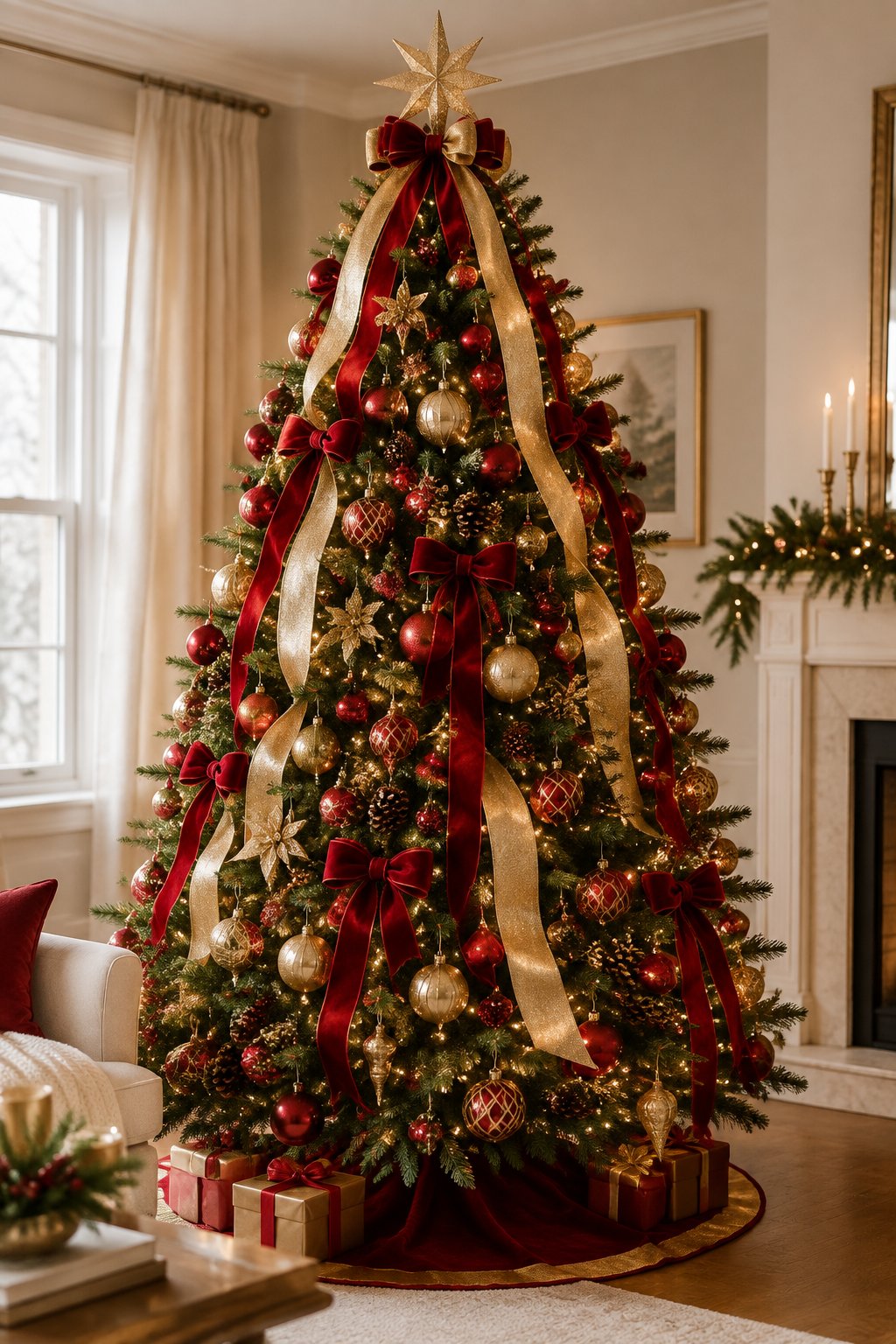 A decorated Christmas tree with red and gold ornaments, bows, and long ribbons cascading from the topper.