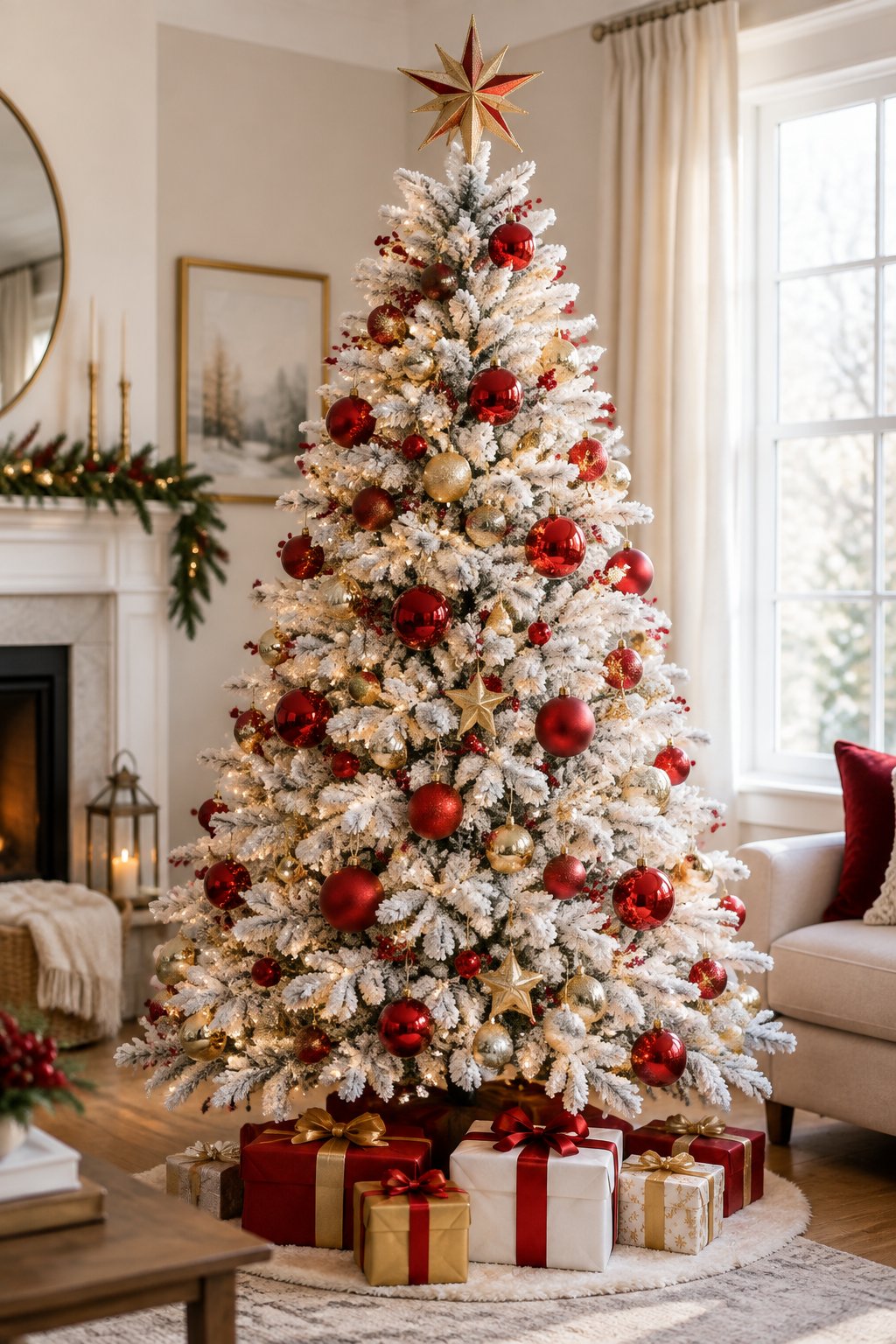 A flocked white Christmas tree decorated with red and gold ornaments and warm lights in an elegant living room (White Tree With Red and Gold Ornaments).