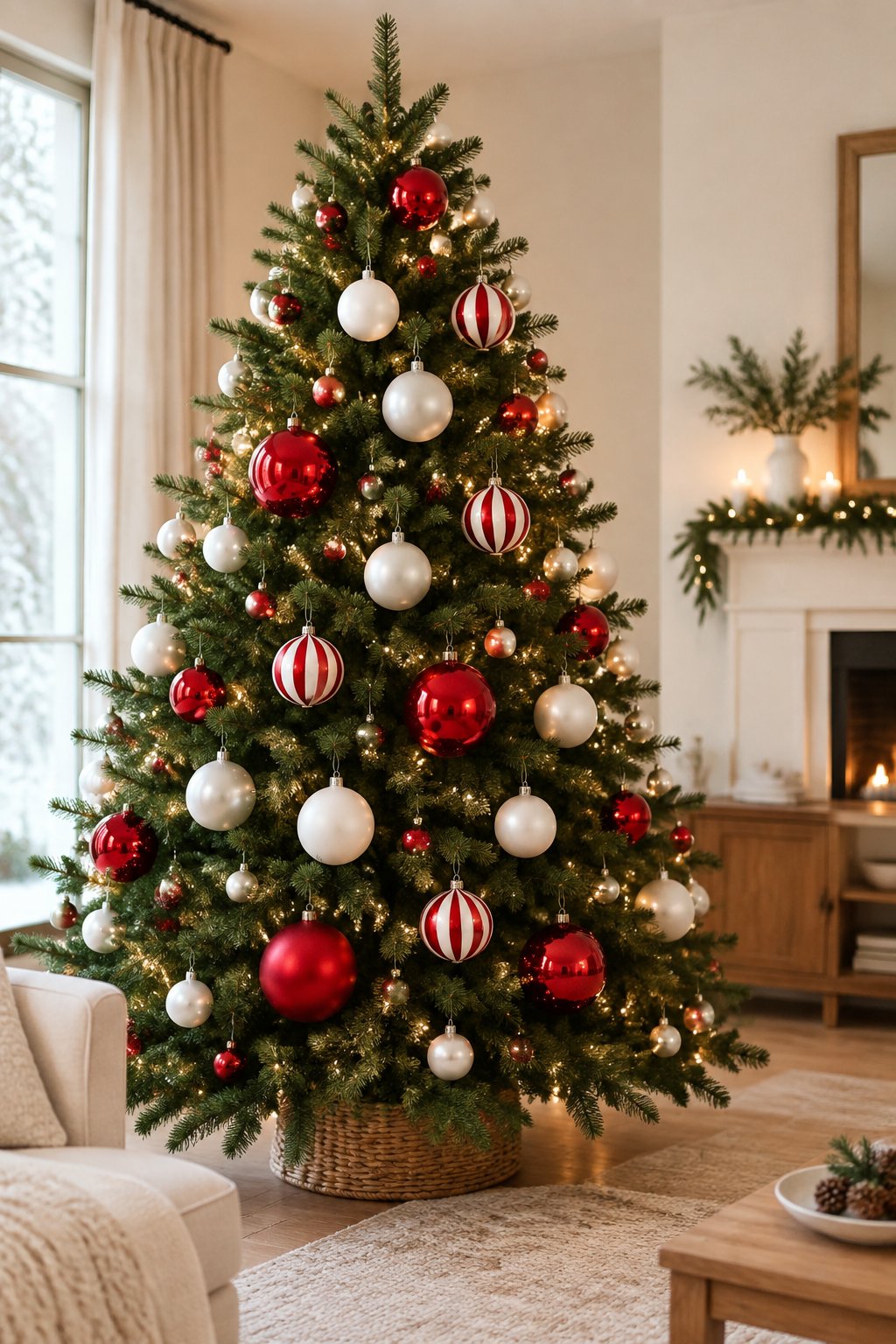 A Christmas tree decorated with large red and white ornaments and warm lights.