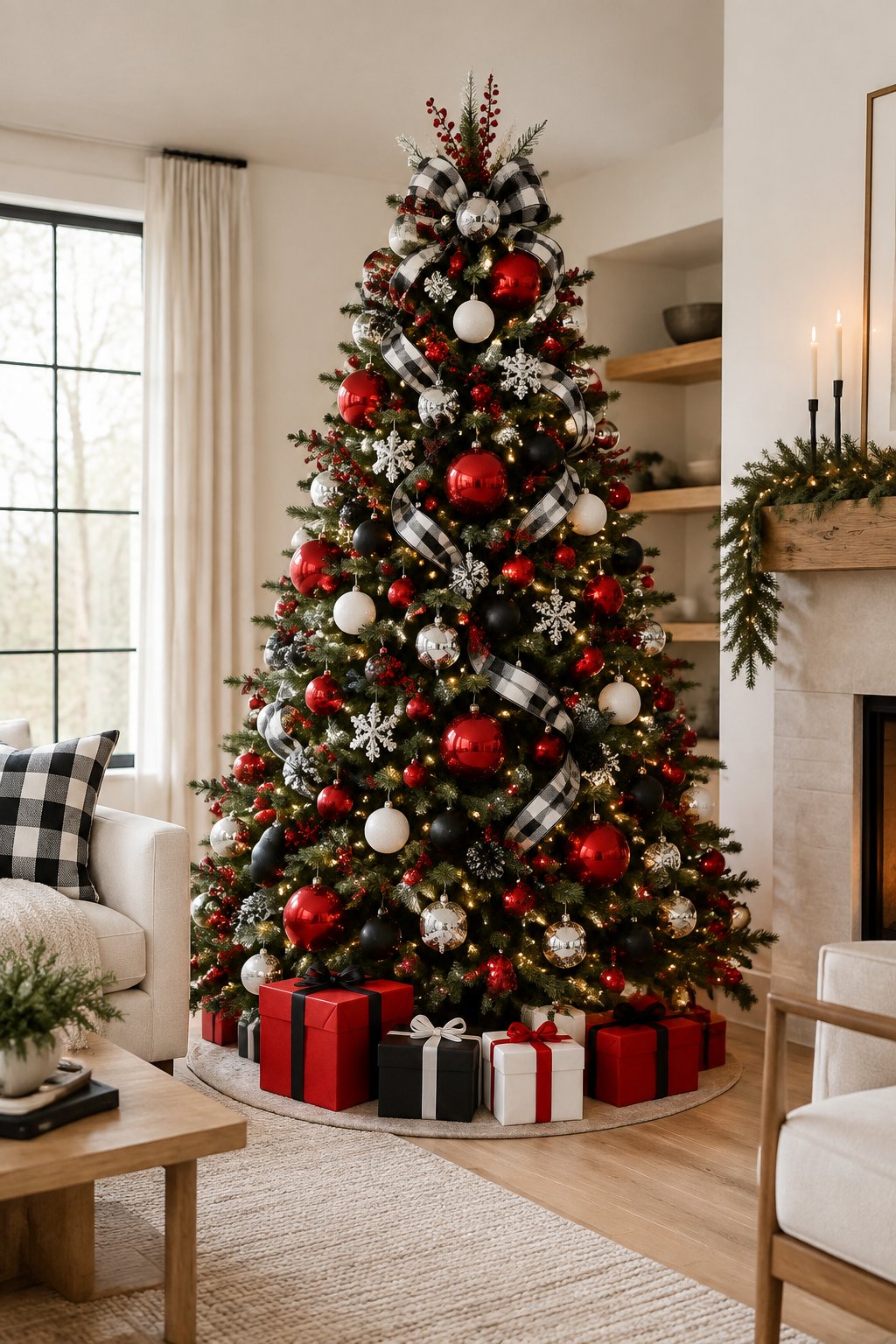 A decorated Christmas tree with red ornaments, black-and-white check ribbon, and wrapped gifts in a modern living room.