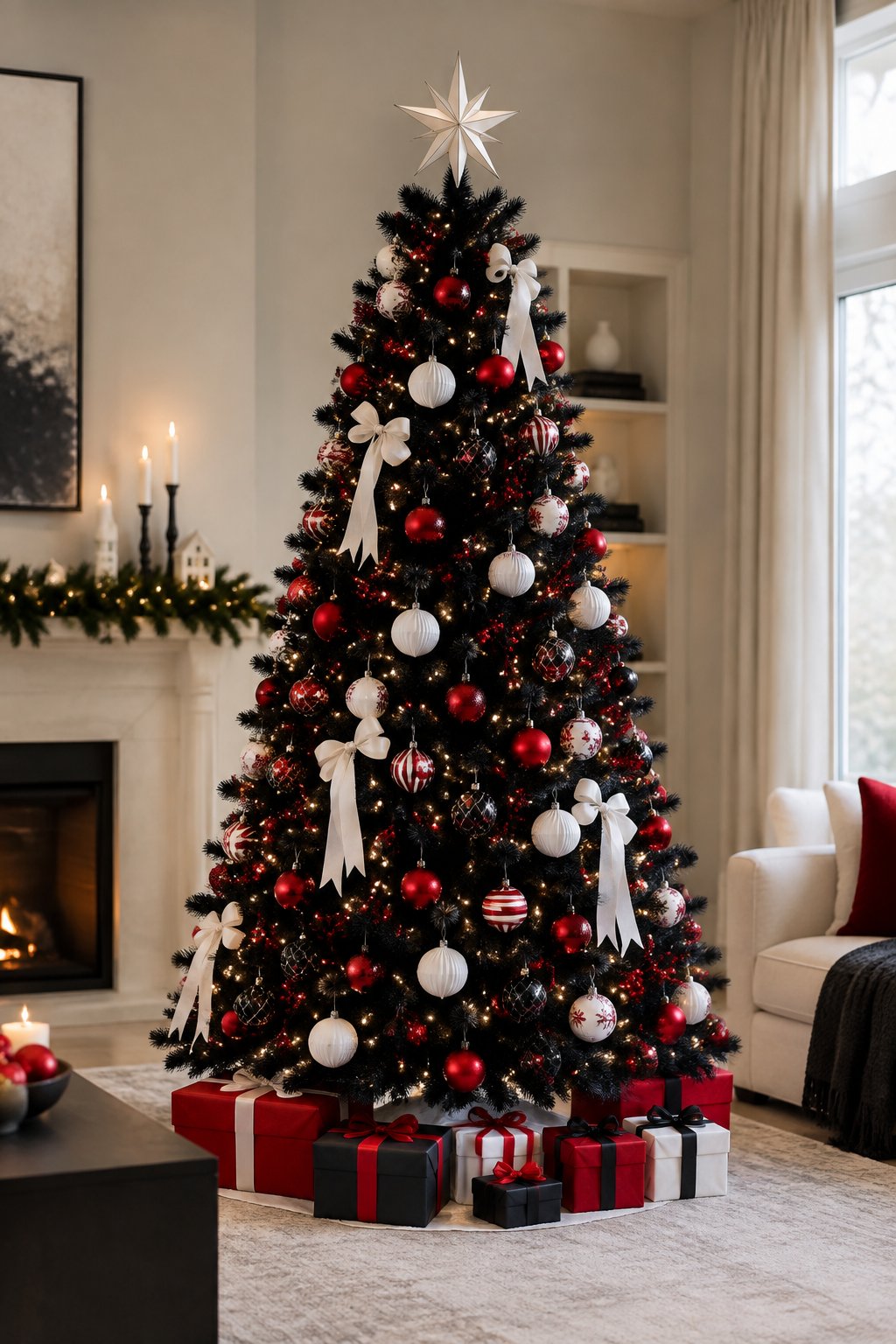 A black Christmas tree decorated with red and white ornaments and warm lights in a modern living room.