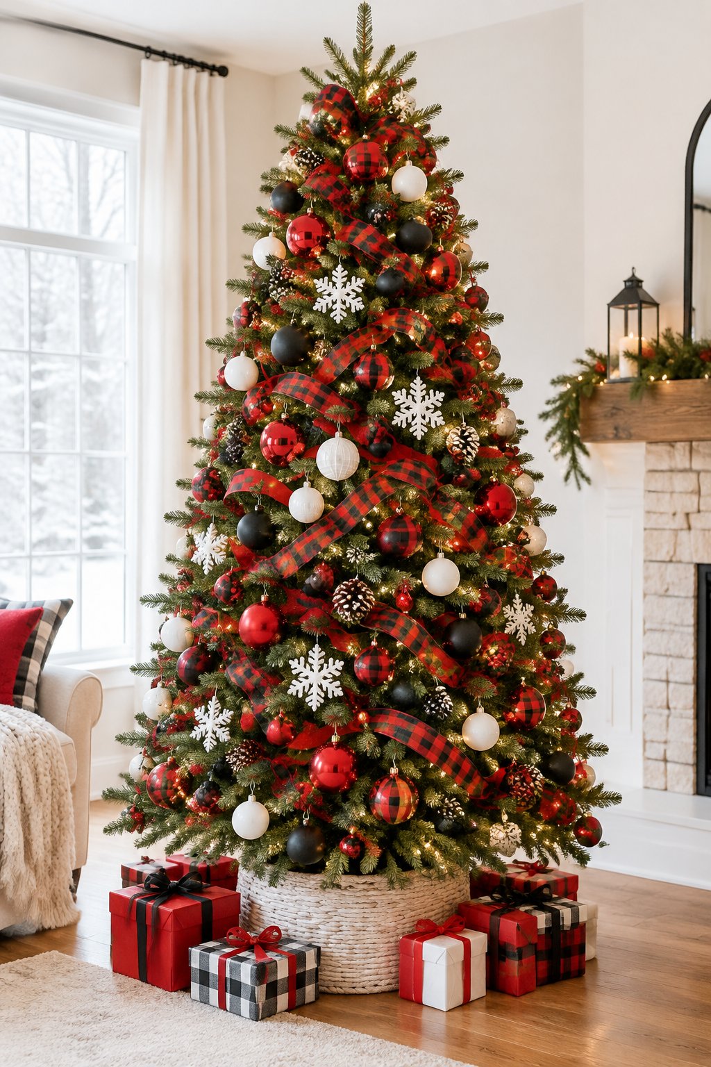 A decorated Christmas tree with red, black, and white ornaments and buffalo plaid ribbon.