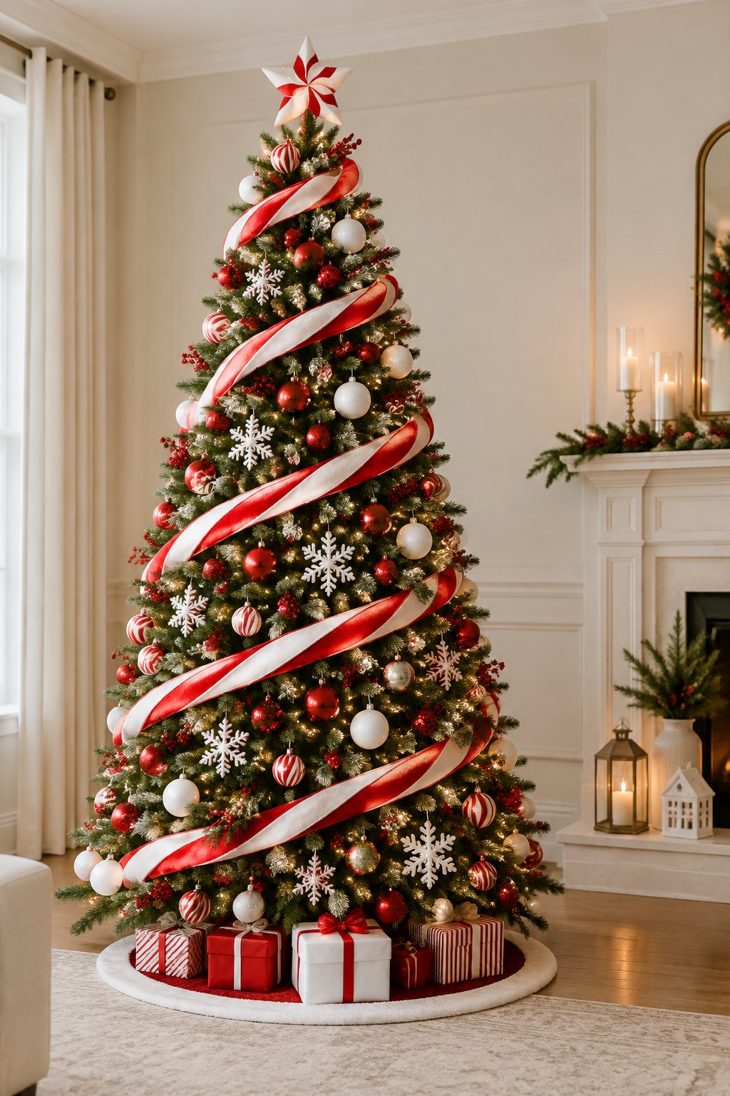 A red and white Christmas tree wrapped in a spiral candy cane ribbon.