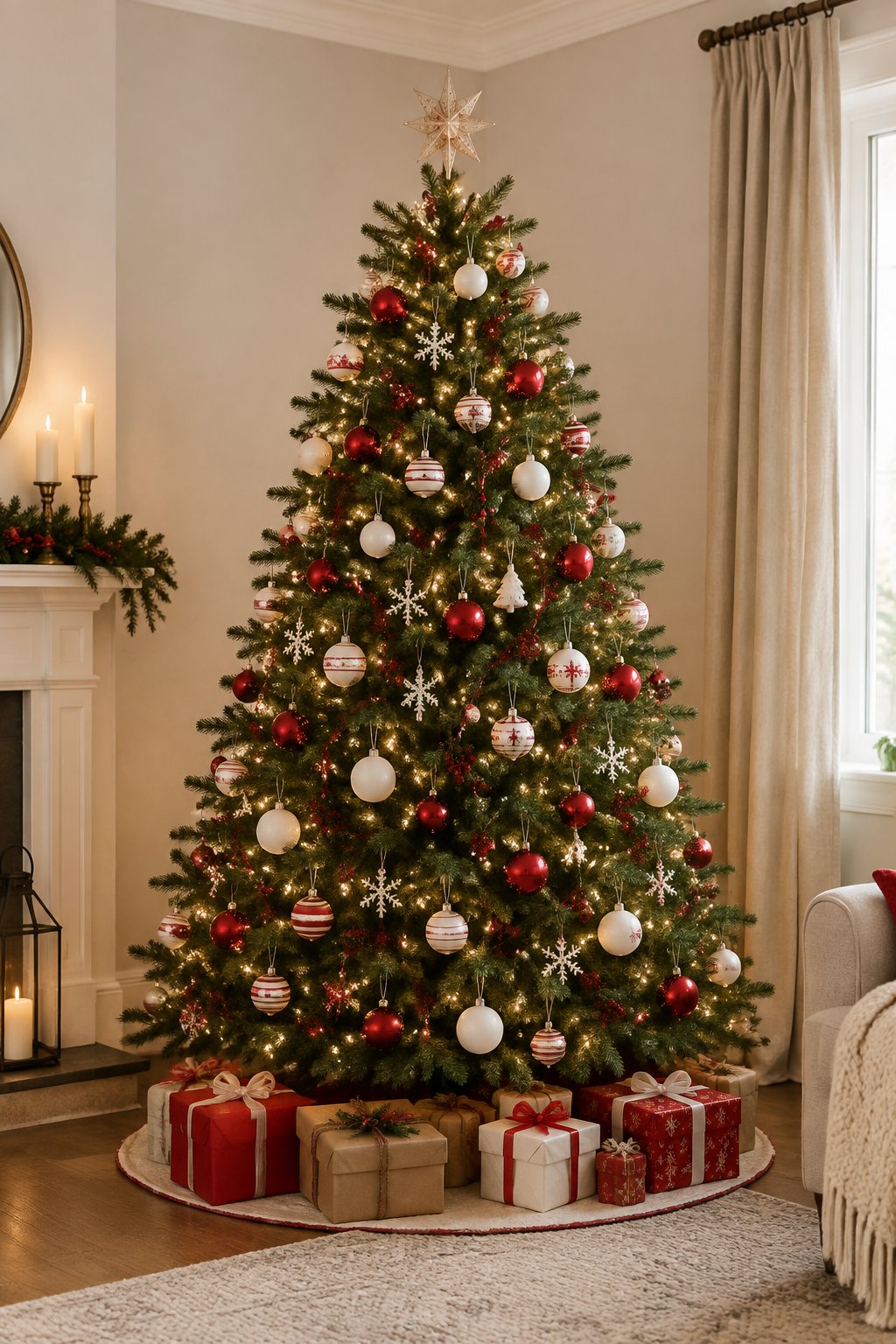 A green Christmas tree decorated with red and white ornaments and warm lights.