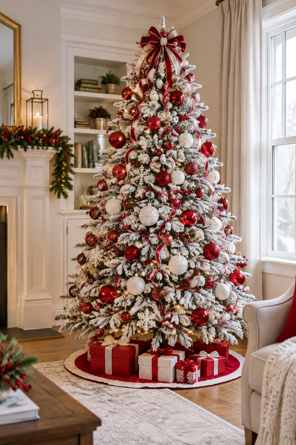 A flocked Christmas tree decorated with red and white ornaments and warm lights stands in a festive living room.