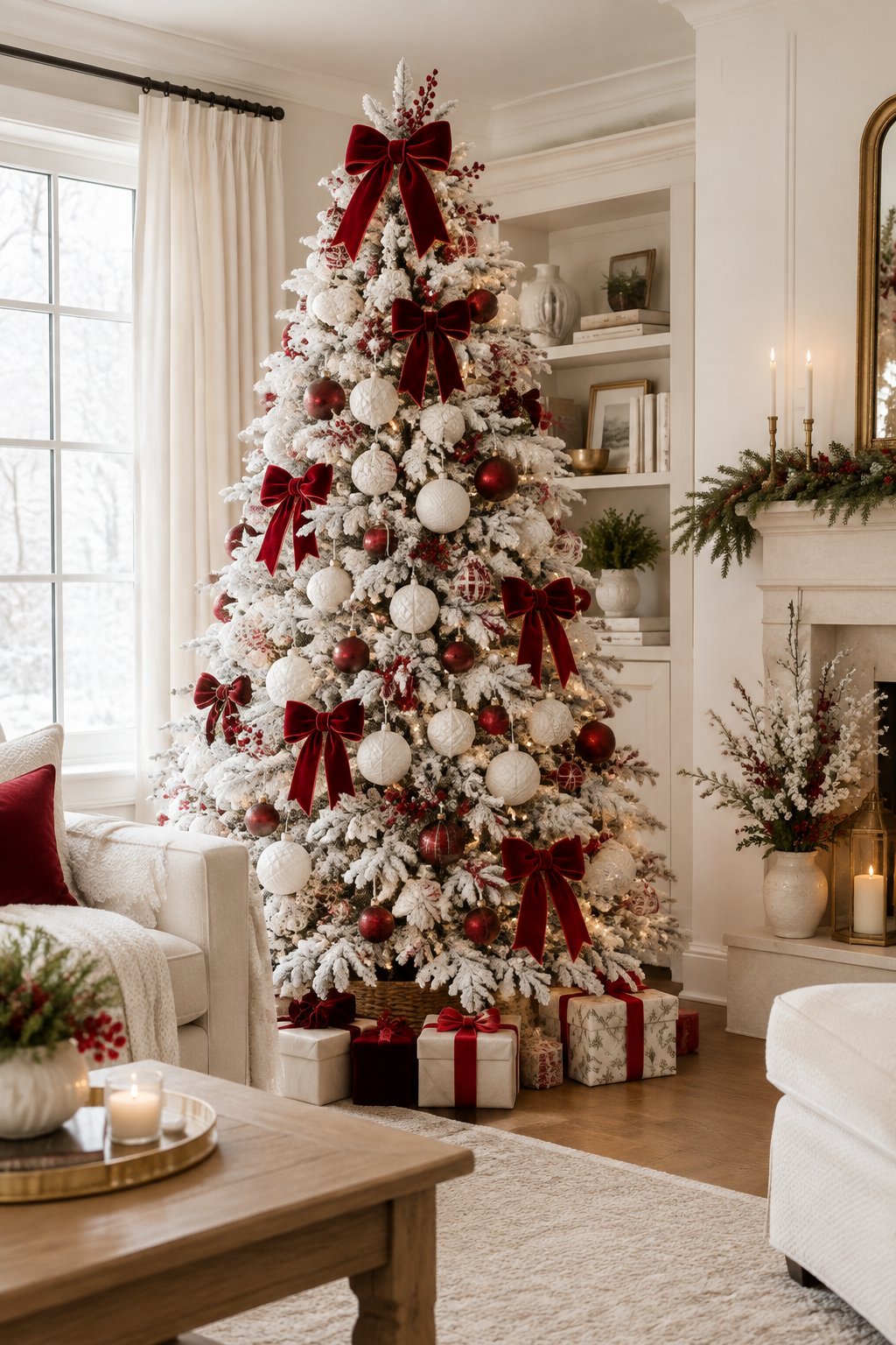 A flocked white Christmas tree decorated with red velvet bows and warm lights in an elegant living room.
