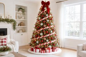 A red and white Christmas tree wrapped in candy cane striped ribbon with red ornaments and white snowflakes, on a white skirt piled with red and white gifts.