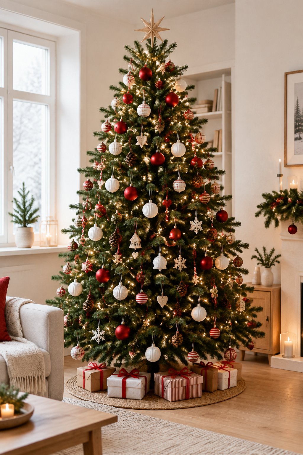 A decorated evergreen Christmas tree with red and white ornaments and warm lights in a cozy living room.