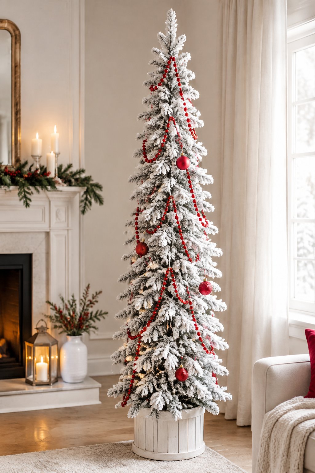 A flocked white pencil Christmas tree decorated with red bead garlands in a bright indoor setting.
