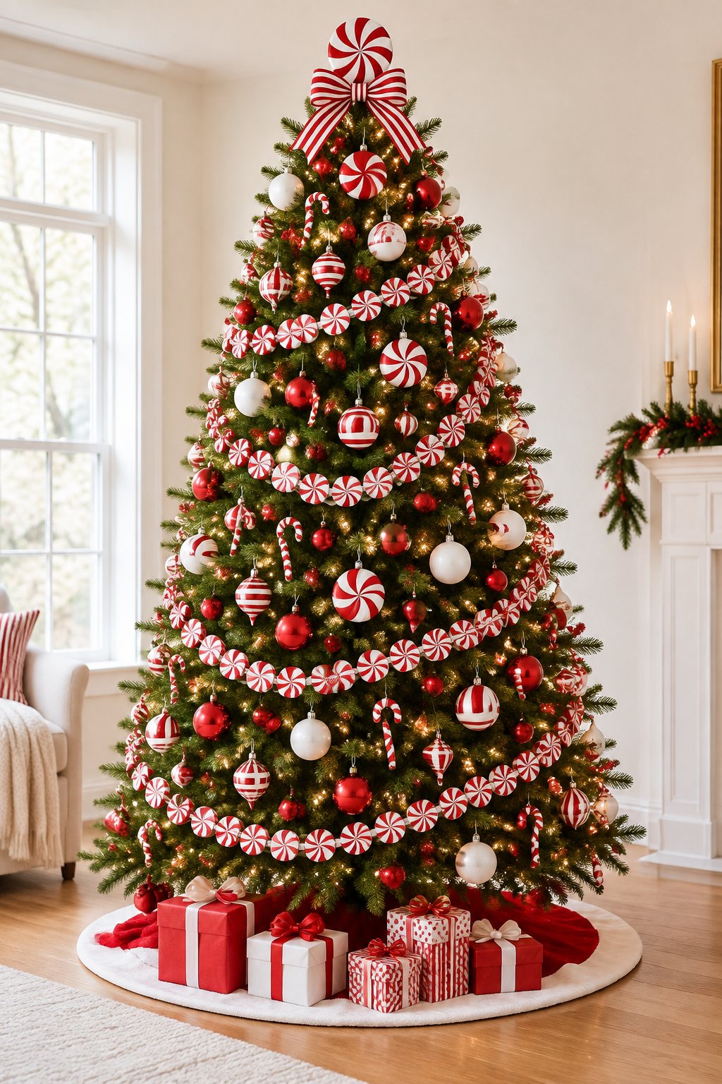 A Christmas tree decorated with red-and-white peppermint candies, candy canes, ornaments, and warm lights.