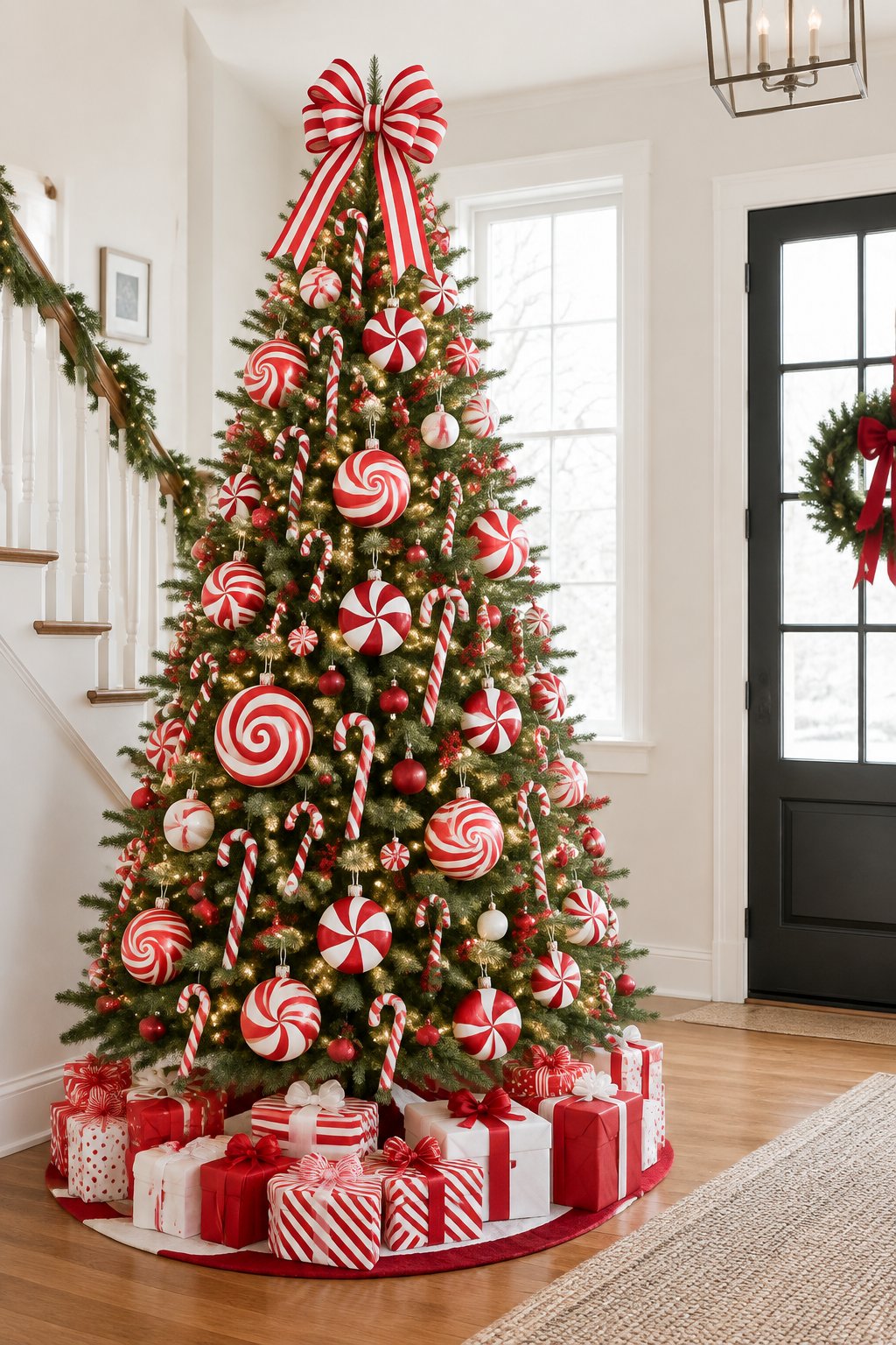 A green Christmas tree in an entryway decorated with oversized red and white peppermint swirl ornaments and candy canes, with red and white gifts around the base.